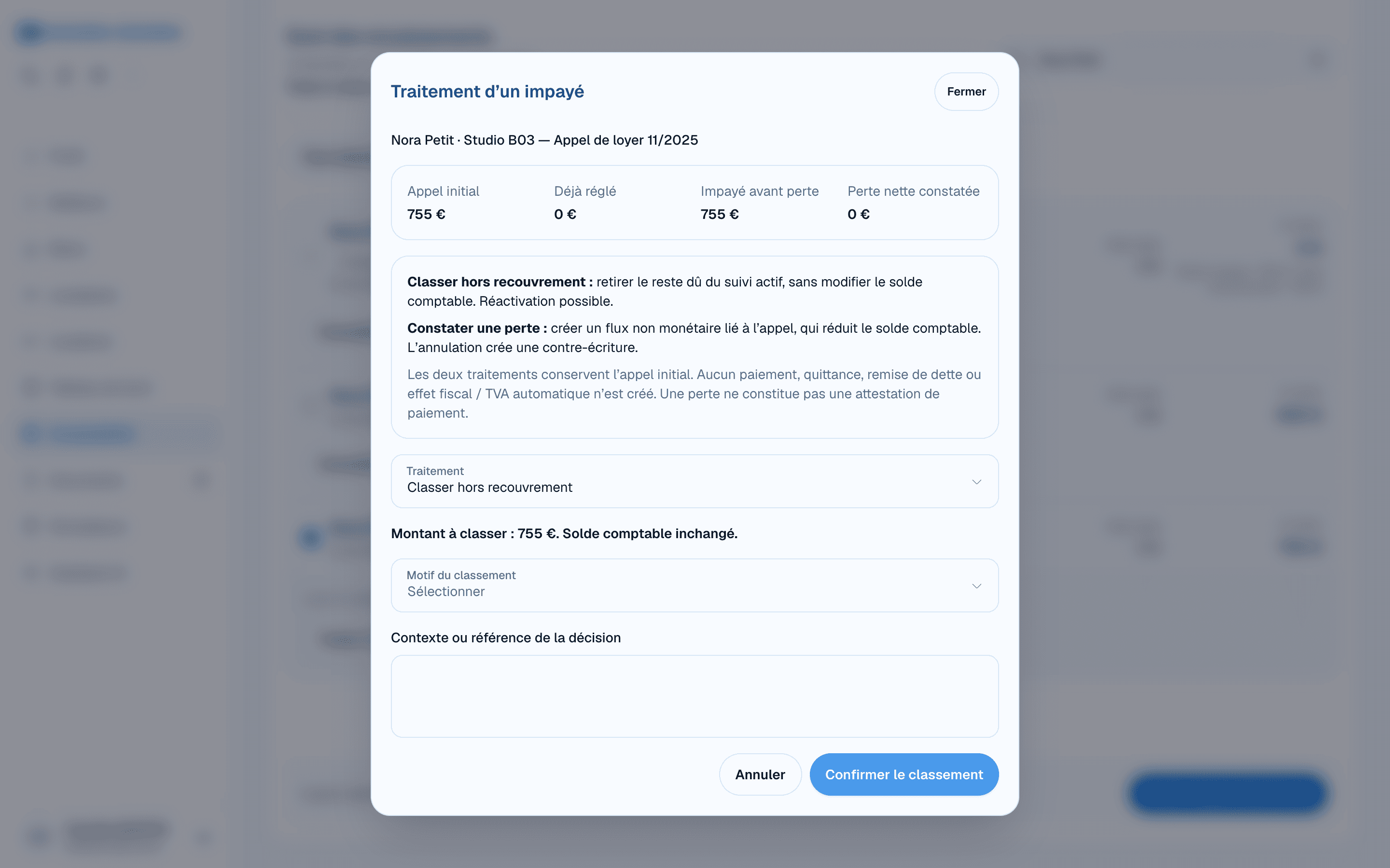 Traitement d’un impayé : classement hors recouvrement avec motif et contexte sur le dossier fictif de Nora Petit