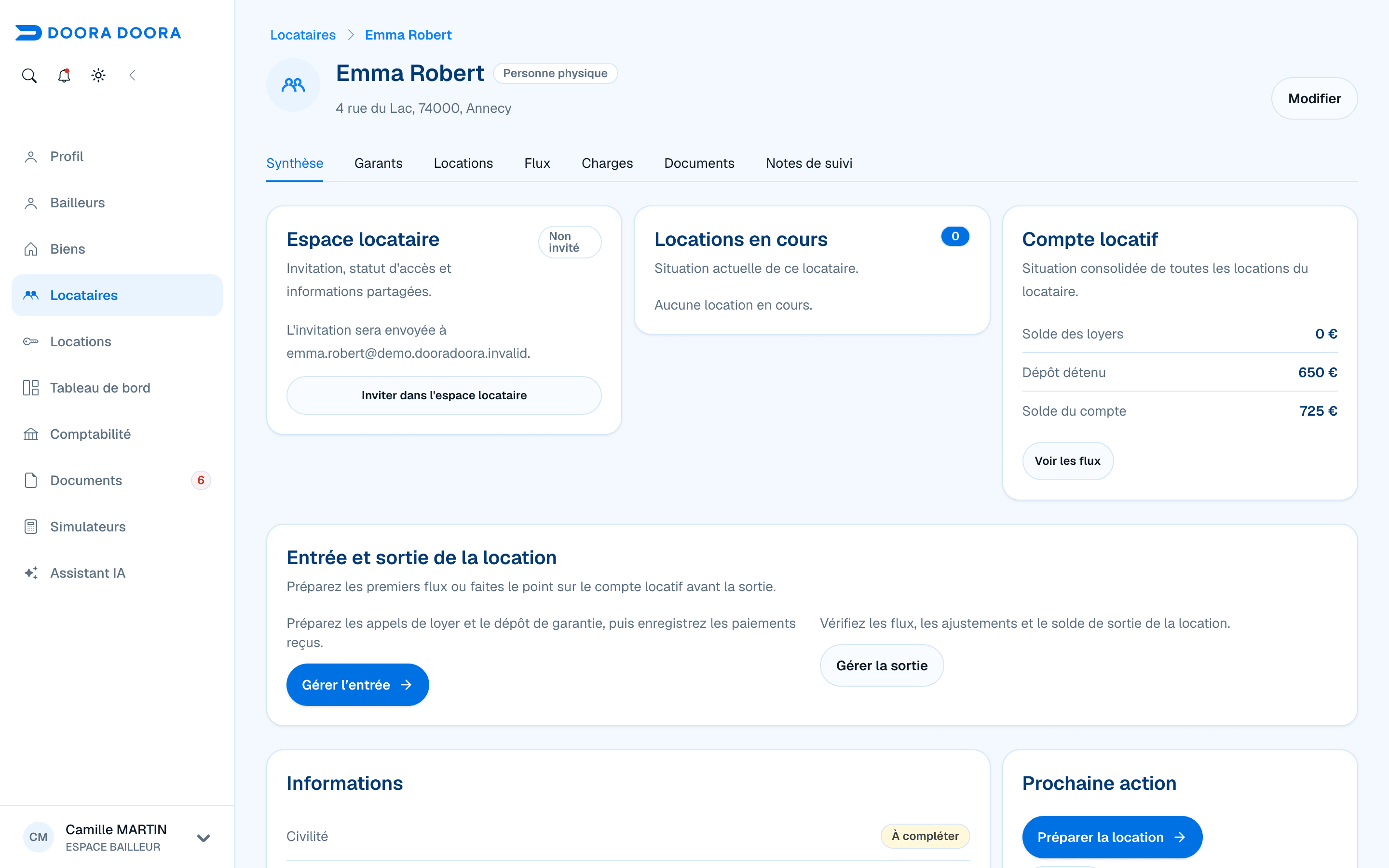 Fiche d’une locataire fictive prête à être invitée dans son espace DOORA DOORA