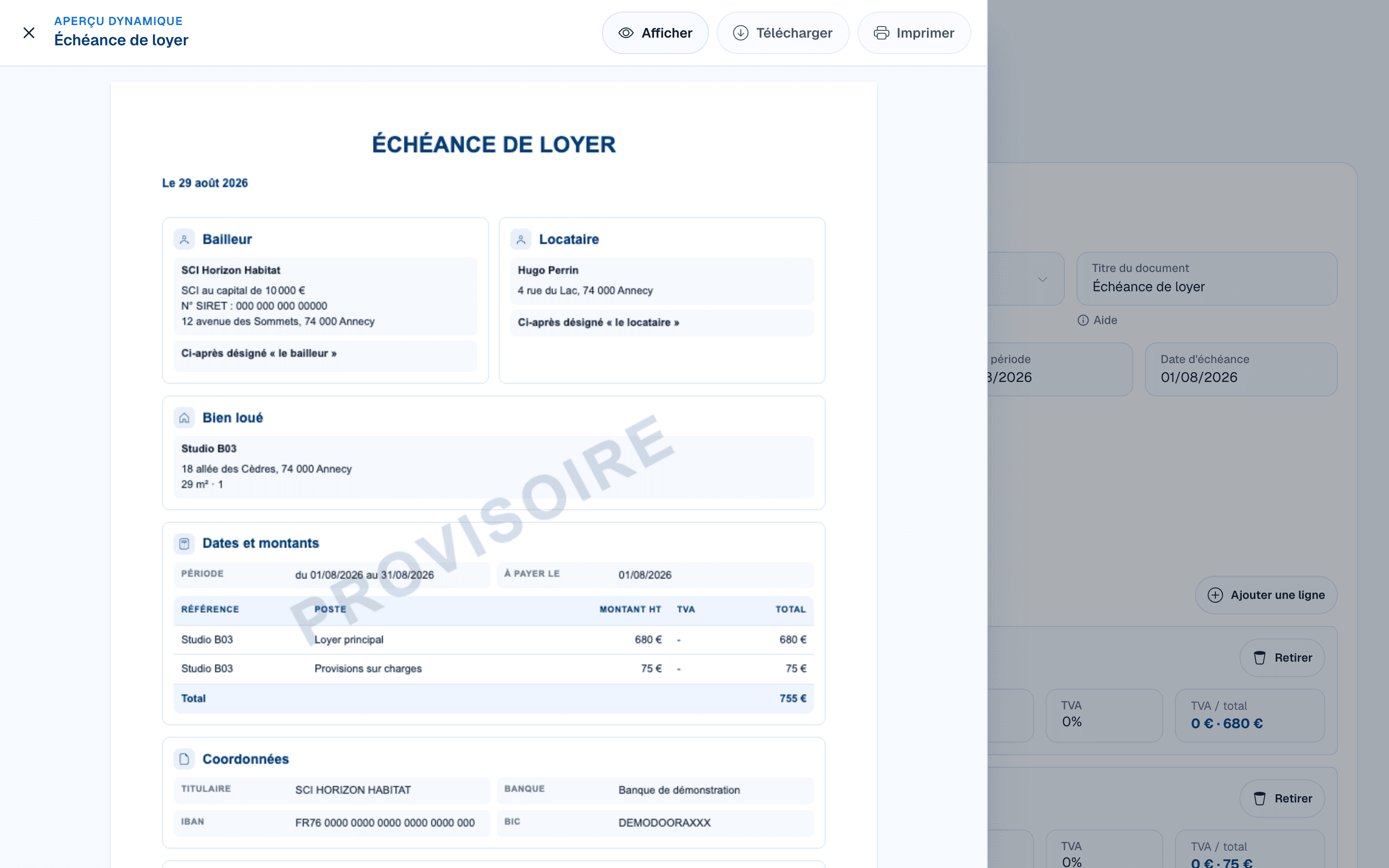 Aperçu provisoire d’une échéance de loyer dans DOORA DOORA