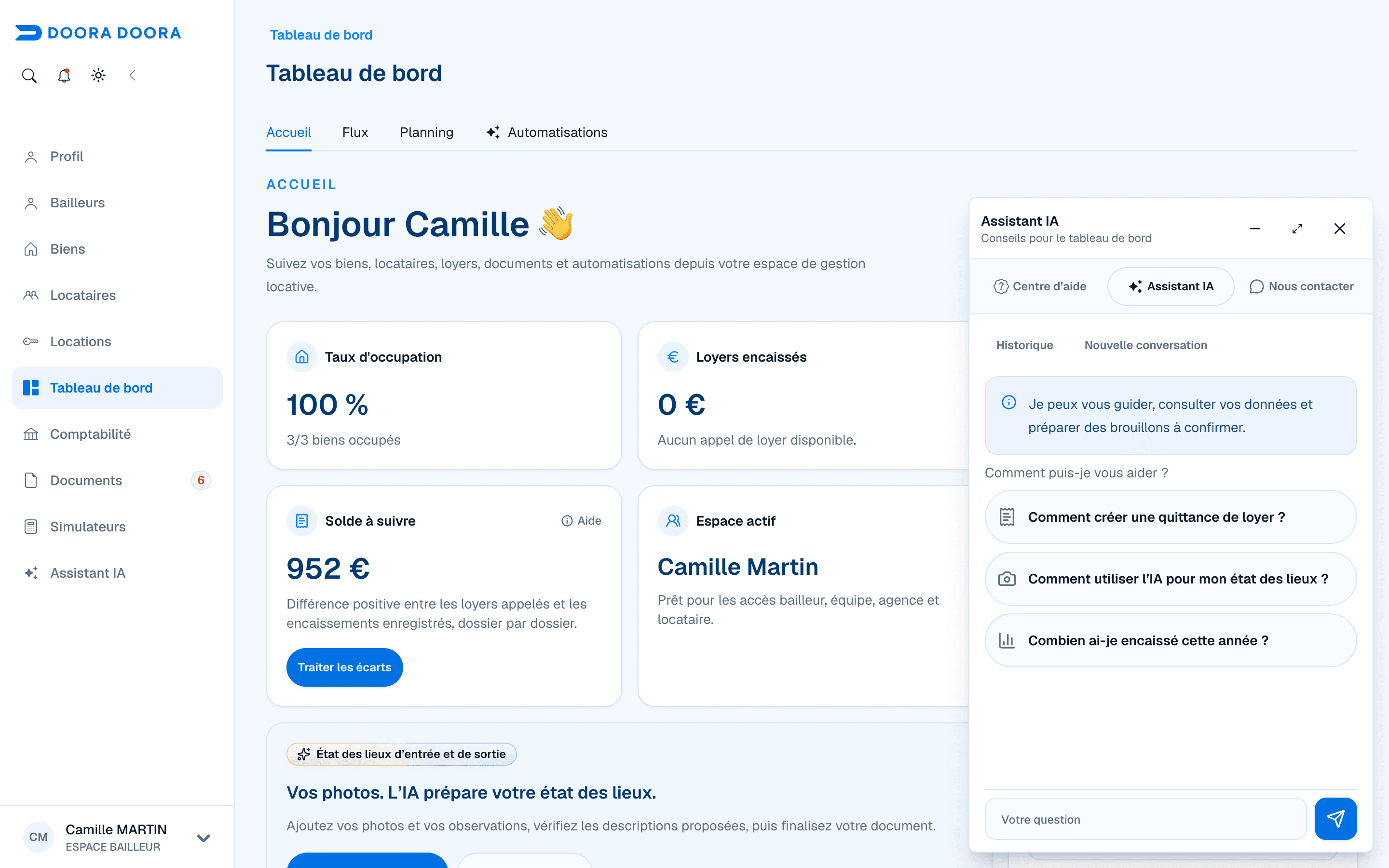 Assistant IA dans DOORA DOORA, compte de démonstration fictif