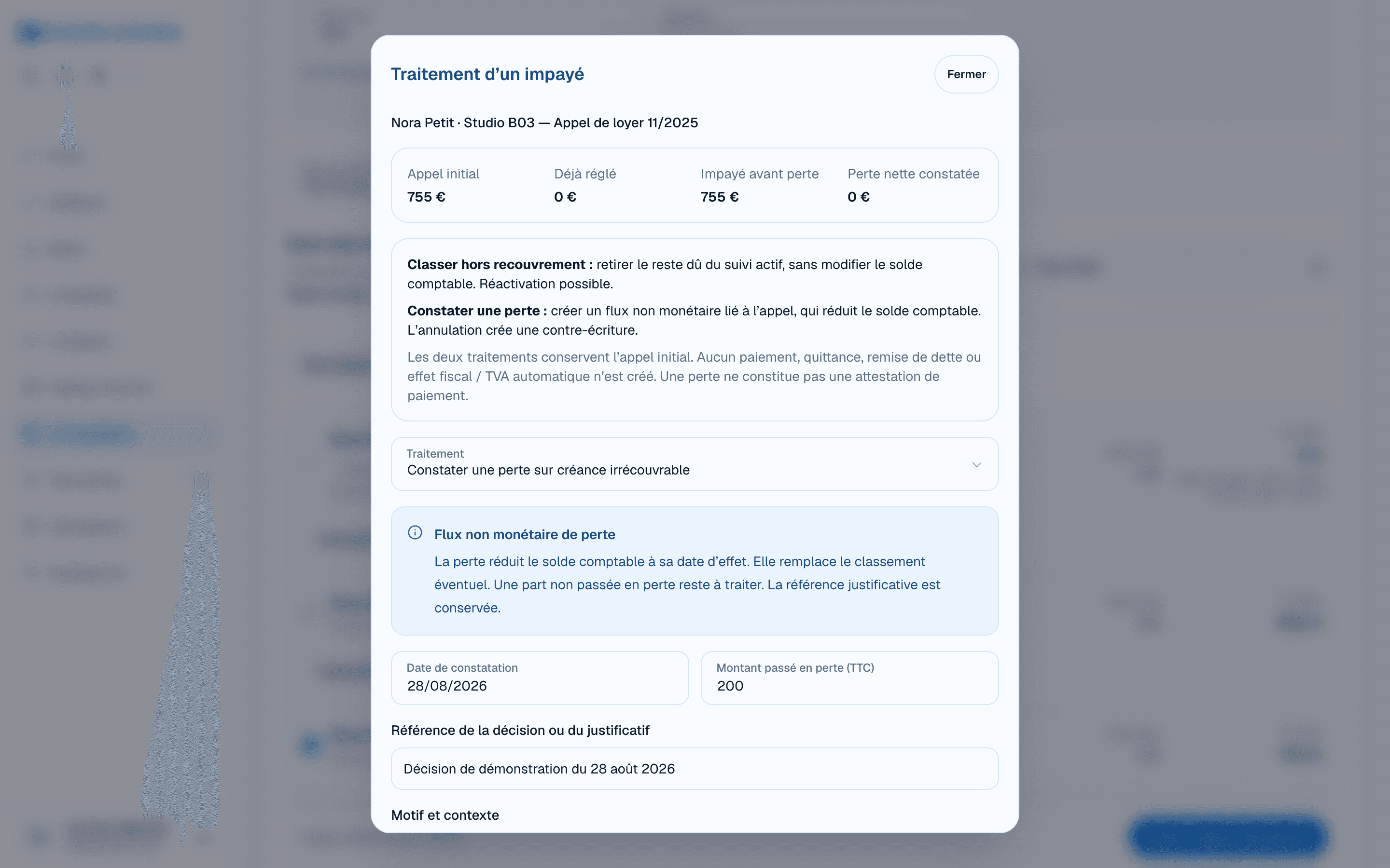 Constater une perte sur créance : date, montant et référence justificative sur le dossier fictif de Nora Petit