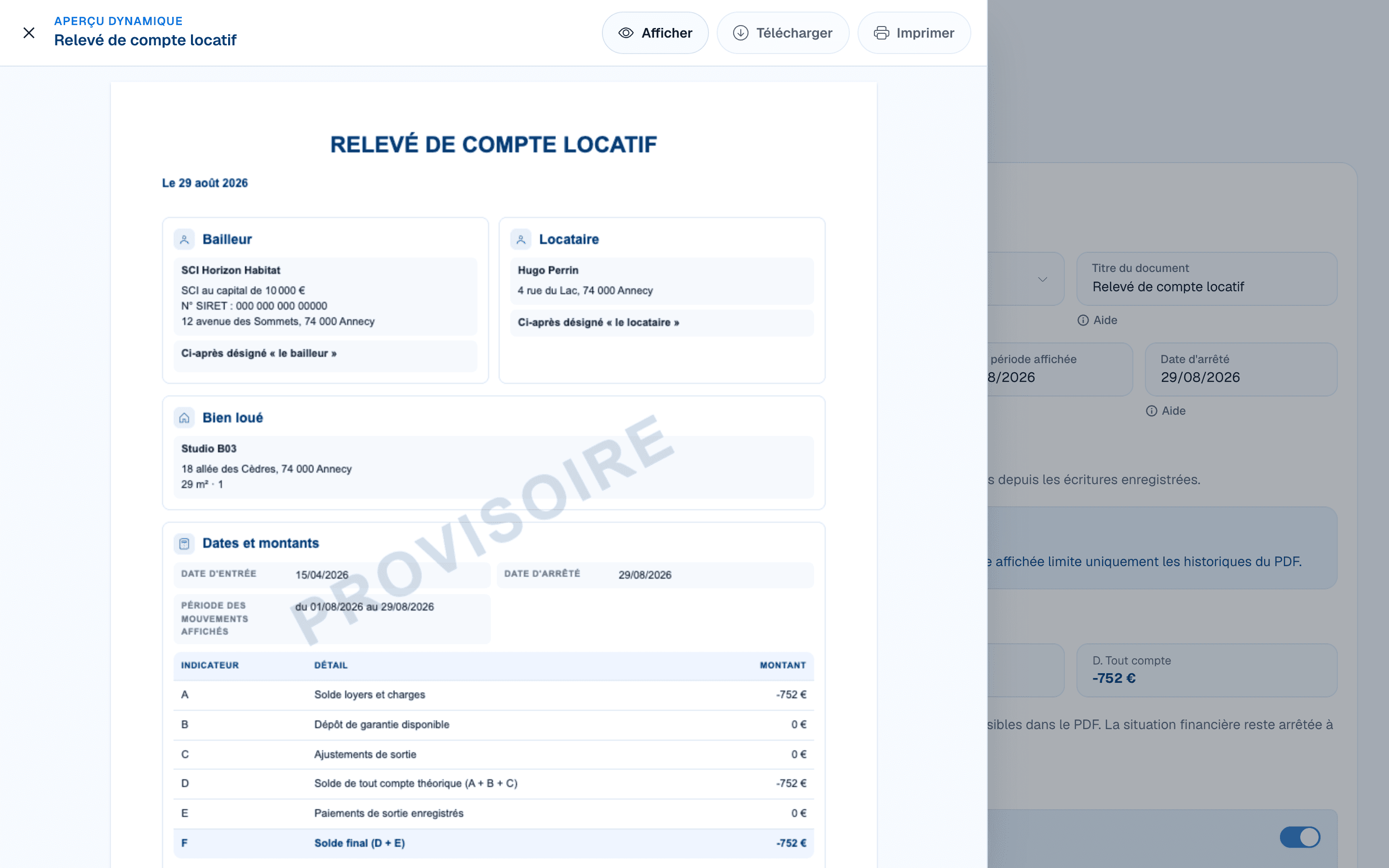 Aperçu provisoire d’un relevé de compte locatif dans DOORA DOORA
