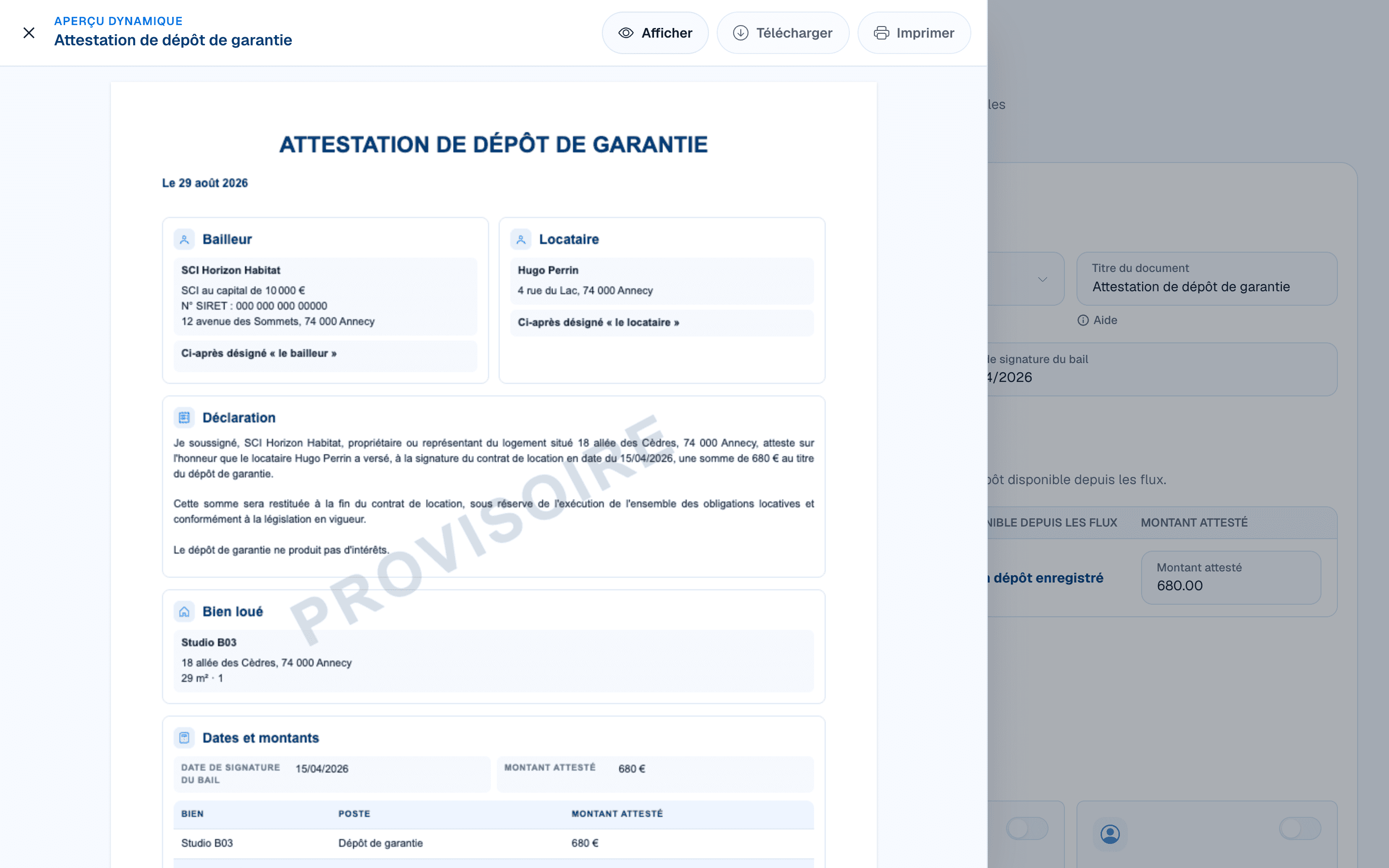 Aperçu provisoire d’une attestation de dépôt de garantie dans DOORA DOORA