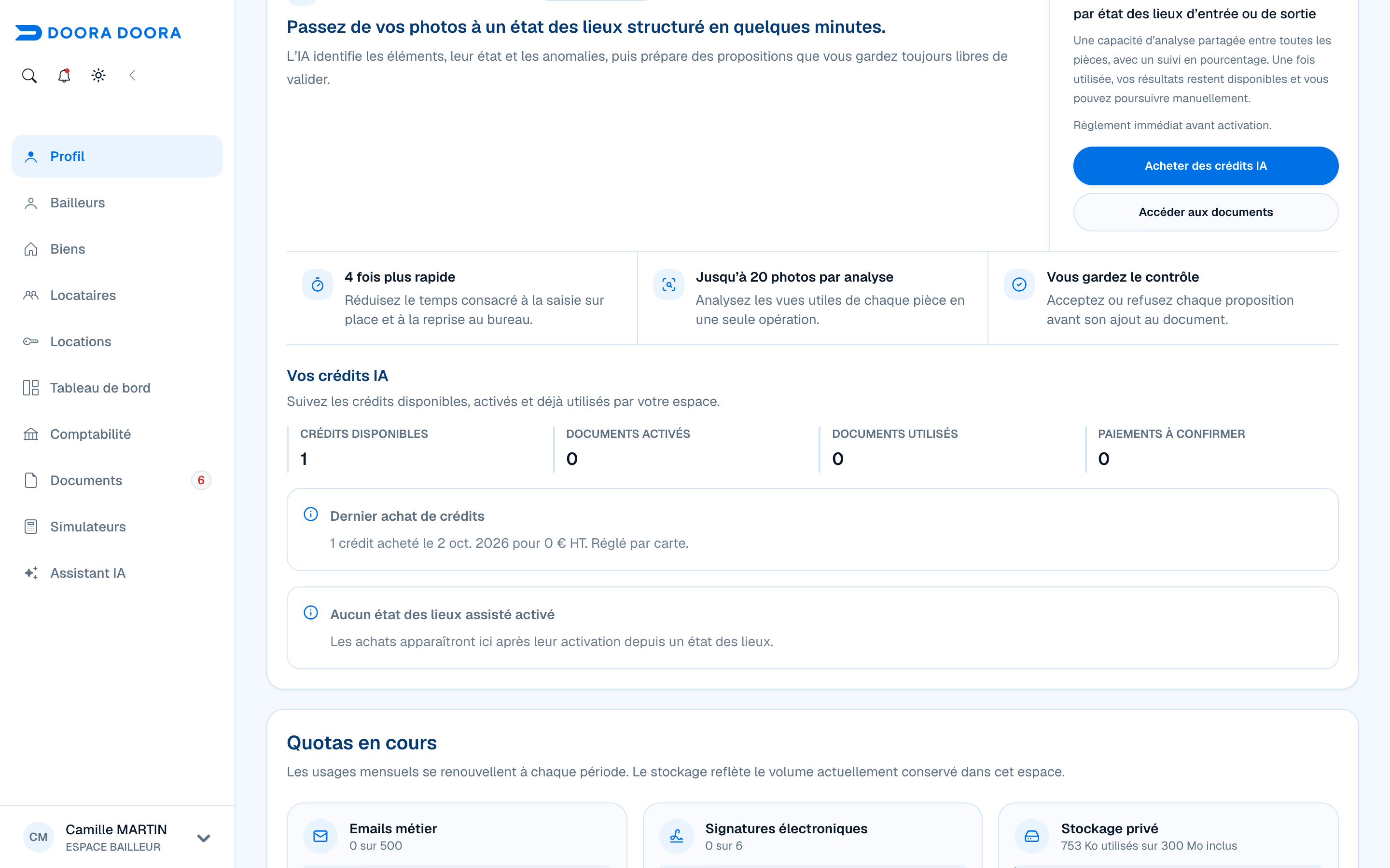 Suivi des crédits d’état des lieux IA disponibles et des documents activés dans l’espace fictif