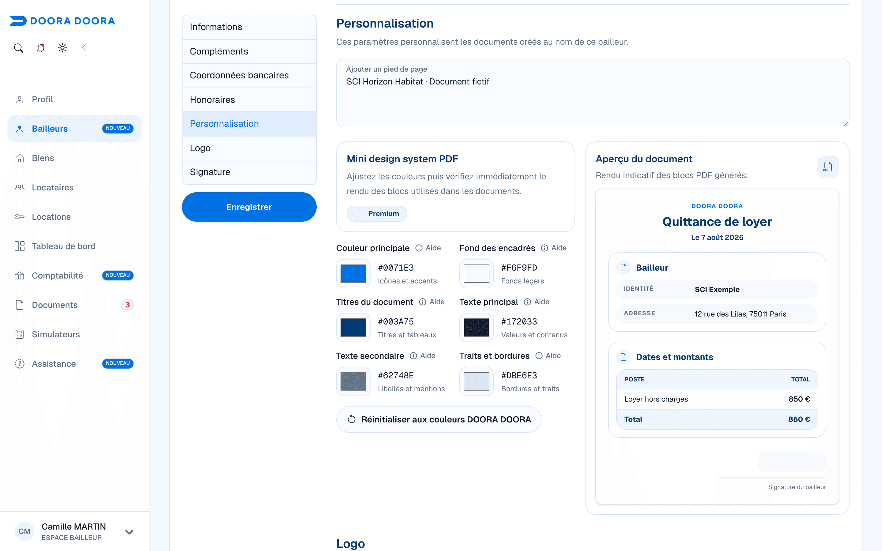 Personnalisation des documents de la SCI Horizon Habitat dans DOORA DOORA