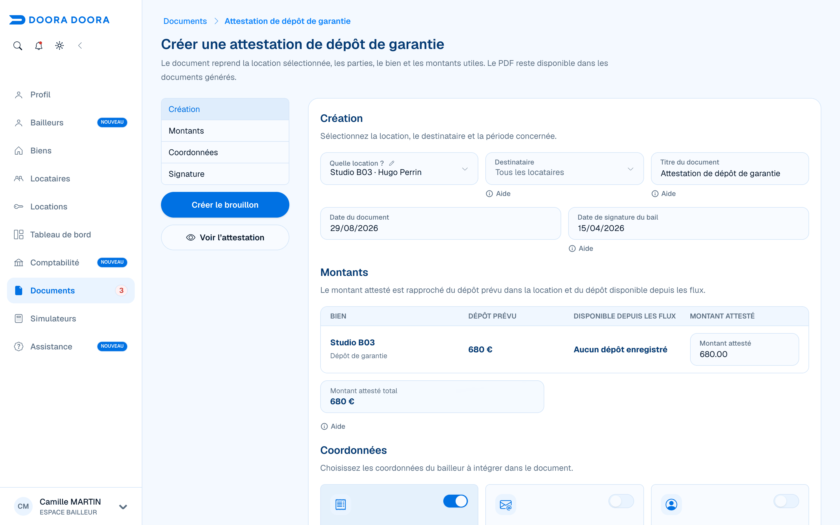 Formulaire prérempli pour créer une attestation de dépôt de garantie dans DOORA DOORA