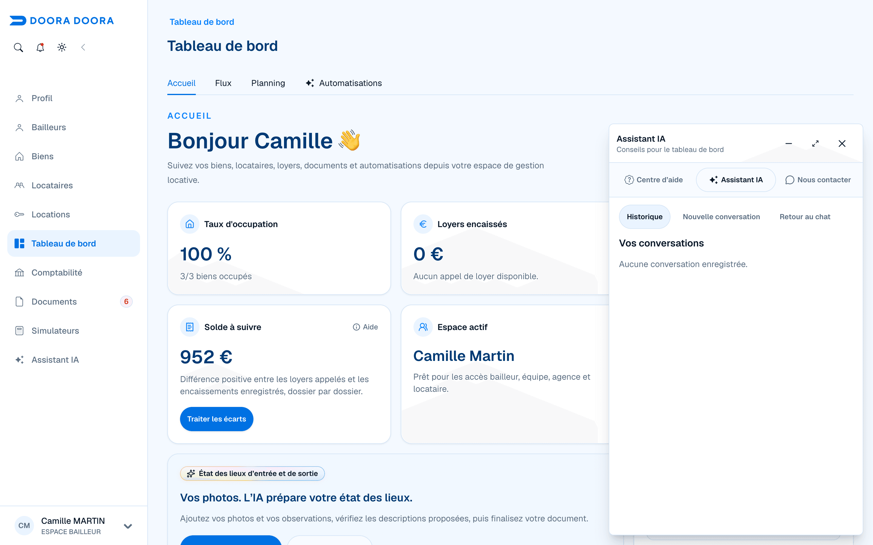 Historique vide des conversations de l’assistant IA dans DOORA DOORA, compte fictif