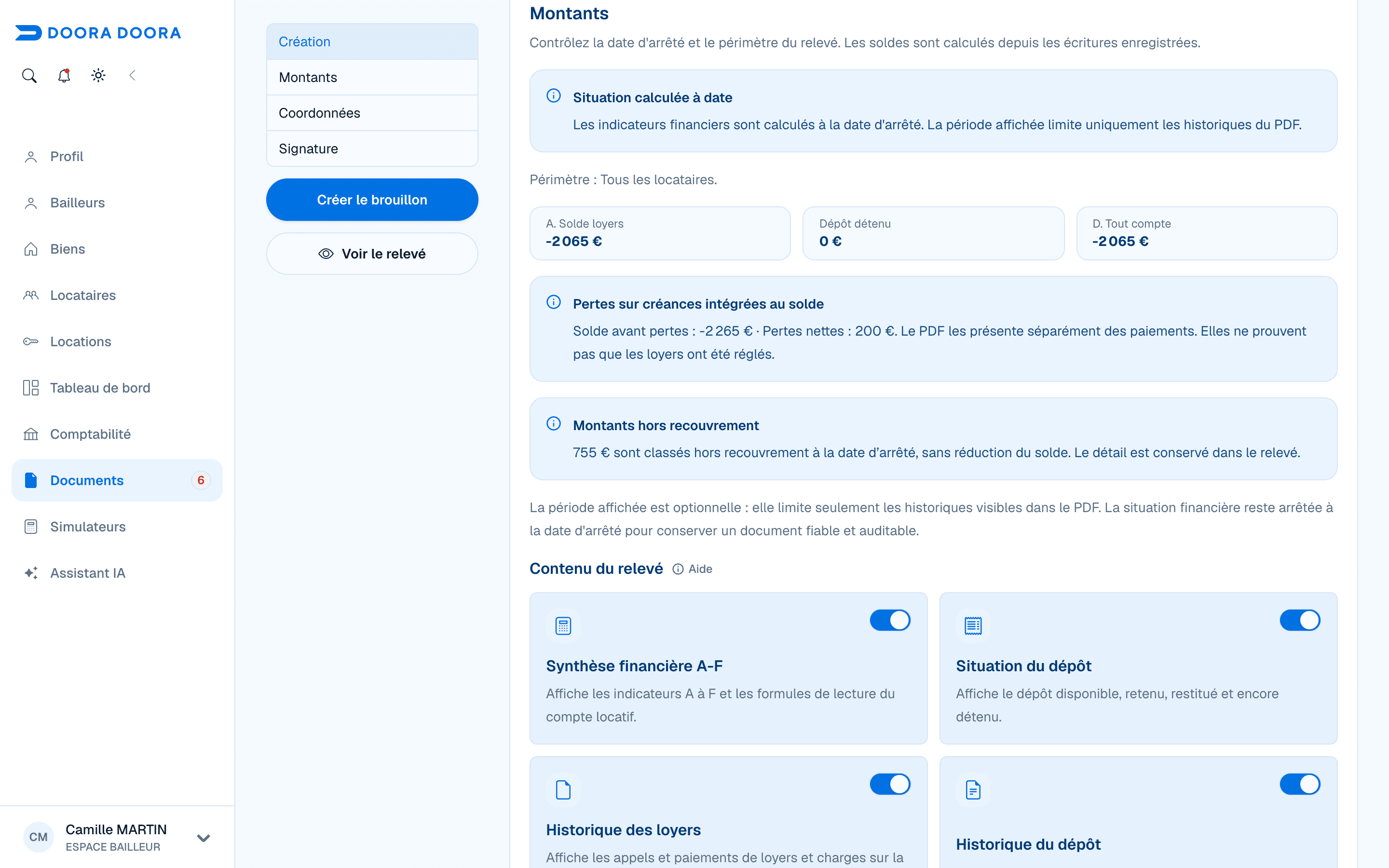 Relevé de compte locatif fictif : pertes intégrées au solde et montants hors recouvrement présentés séparément