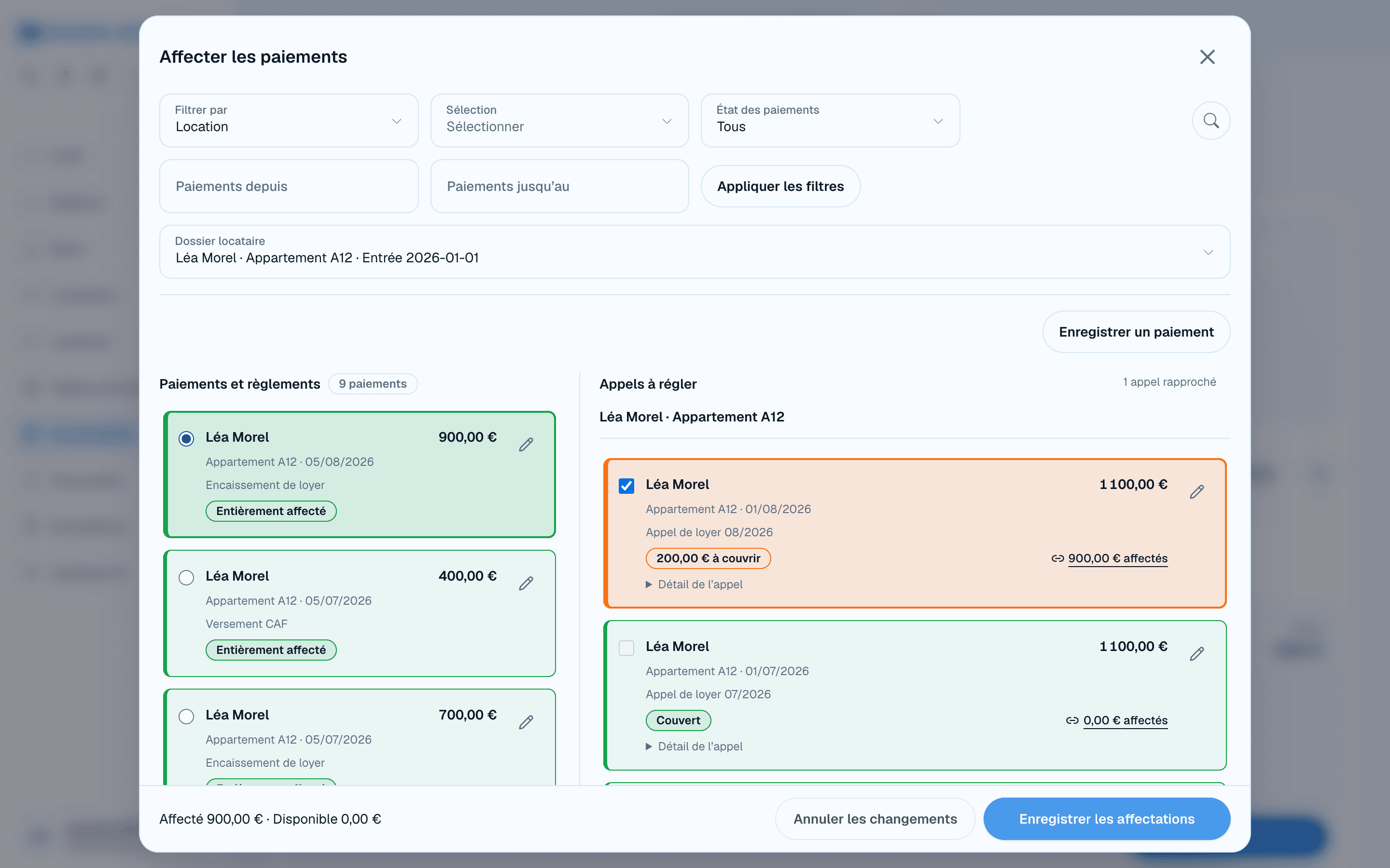 Affectation d’un paiement de Léa Morel aux appels de loyer, avec montants disponibles et appels à couvrir dans DOORA DOORA