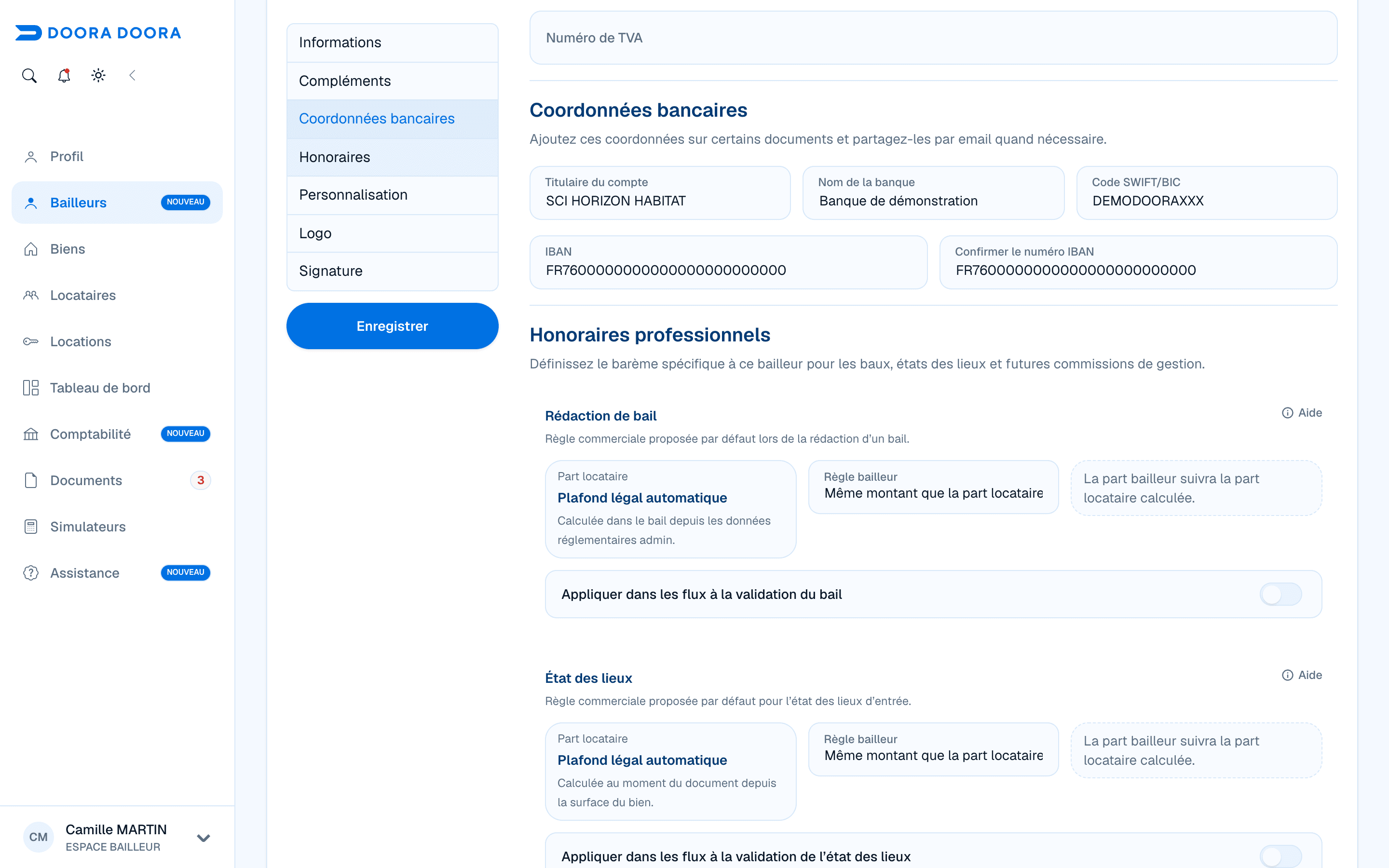 Coordonnées bancaires fictives de la SCI Horizon Habitat dans DOORA DOORA