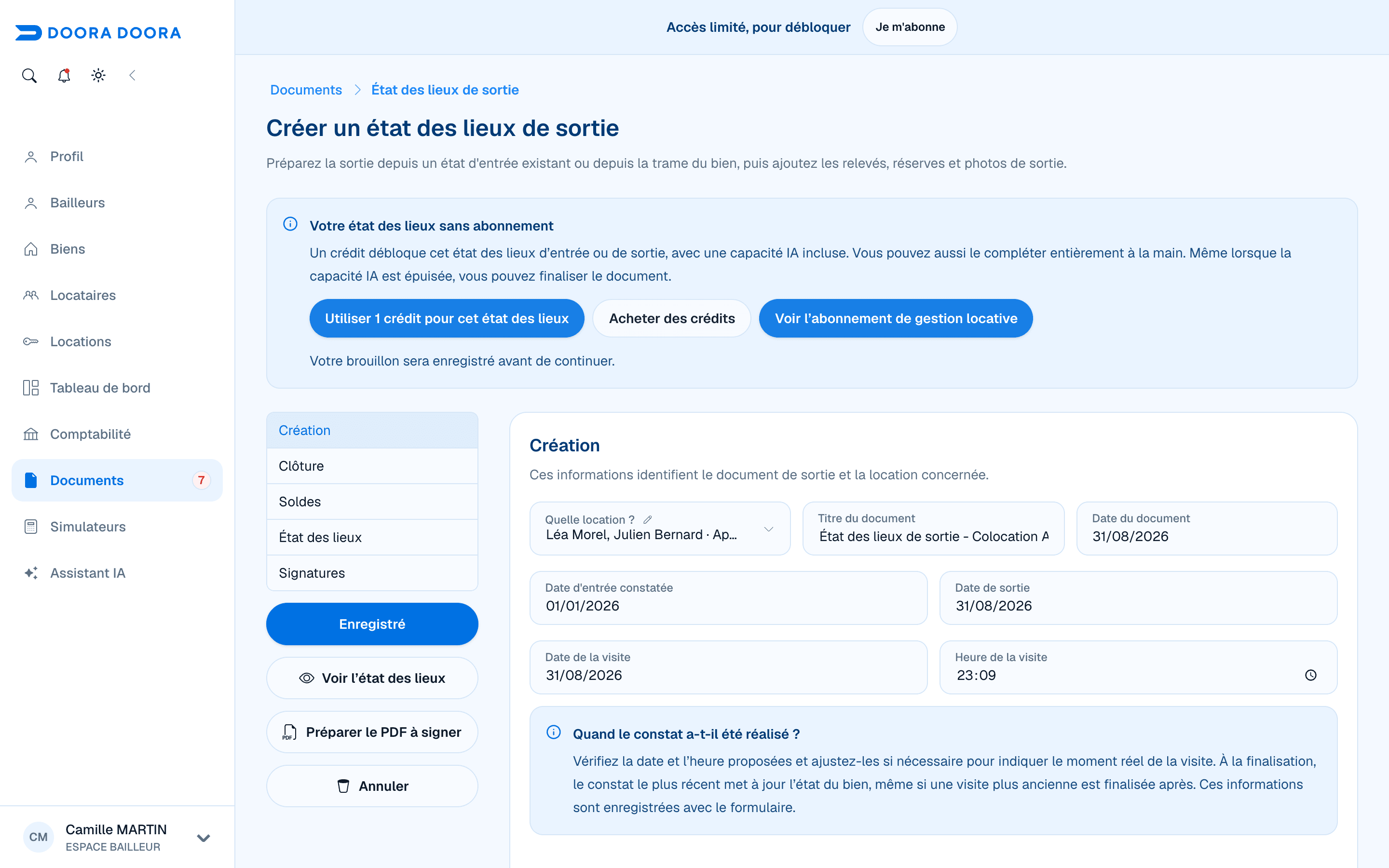 État des lieux sans abonnement : crédit affecté au dossier et utilisation facultative de l’intelligence artificielle
