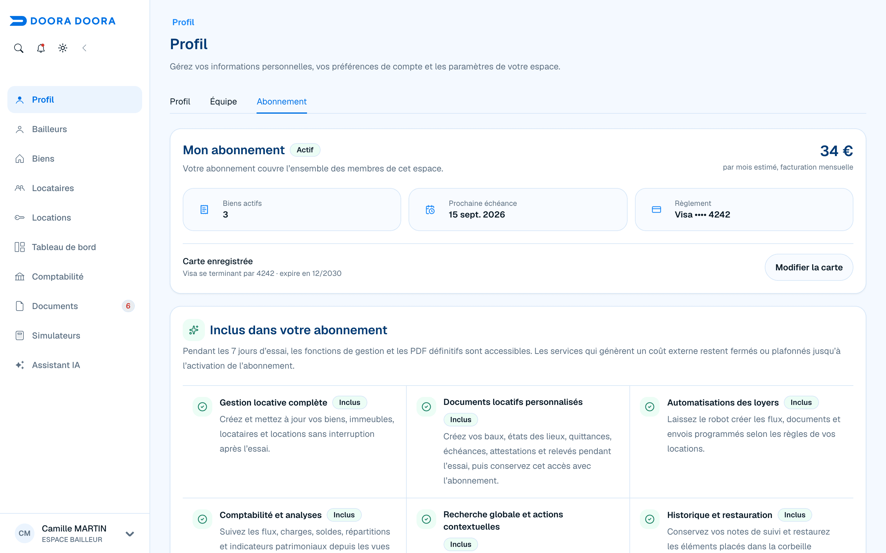 Profil, onglet Abonnement : abonnement actif et moyen de paiement fictif