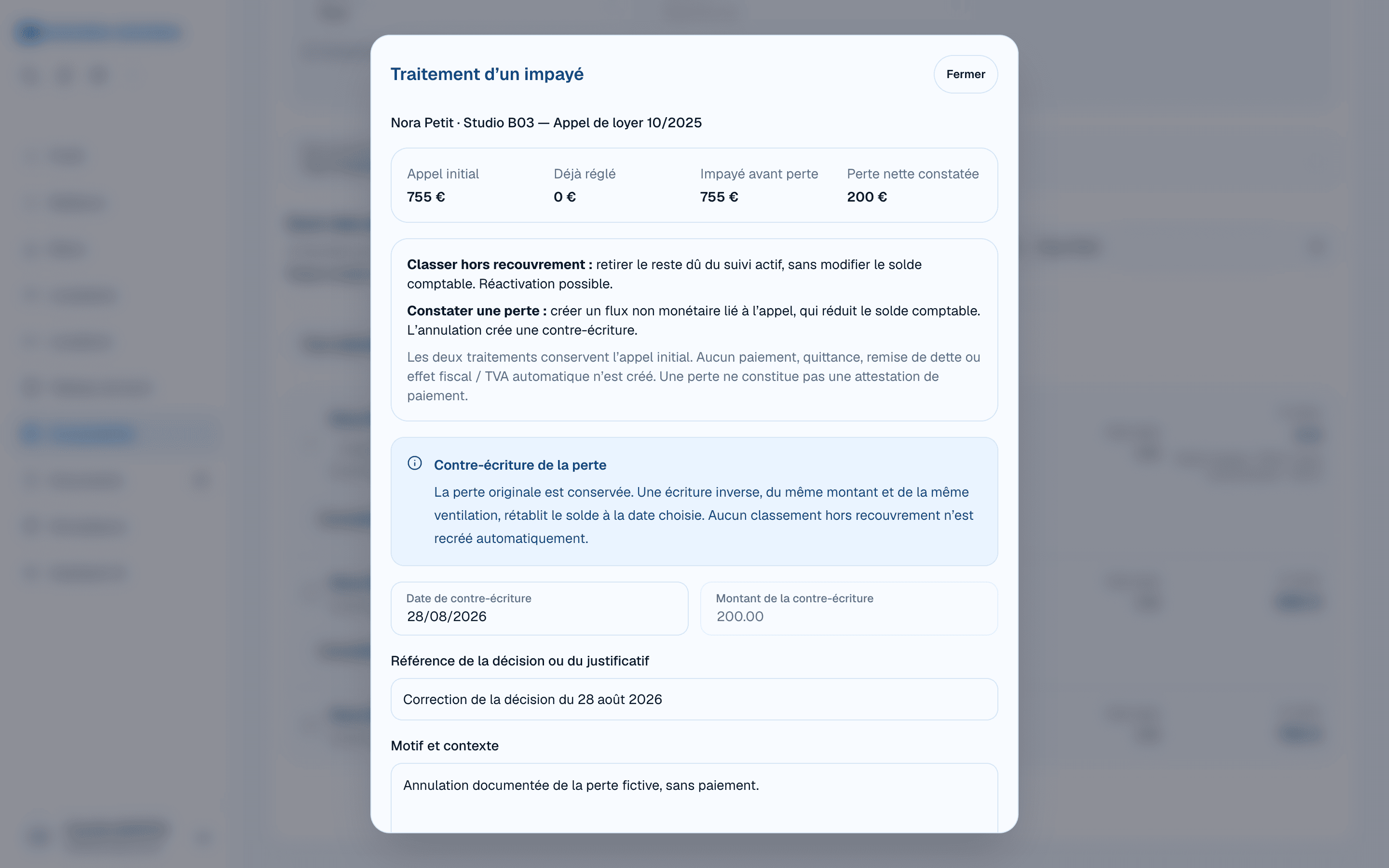 Annuler une perte par contre-écriture : montant repris, date et référence de correction sur un dossier fictif