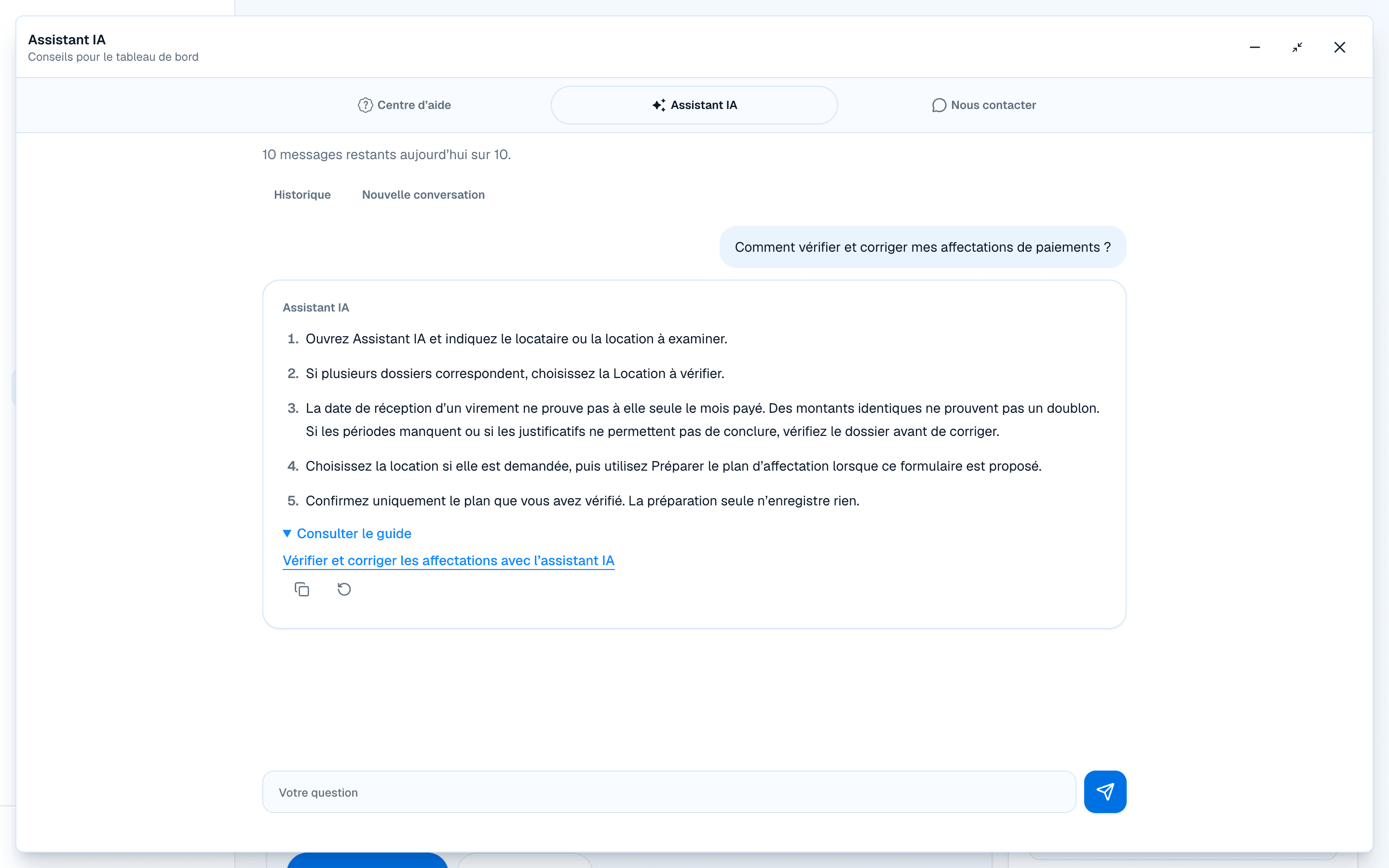 Assistant IA du compte fictif : aide sourcée pour vérifier et corriger les affectations de paiements