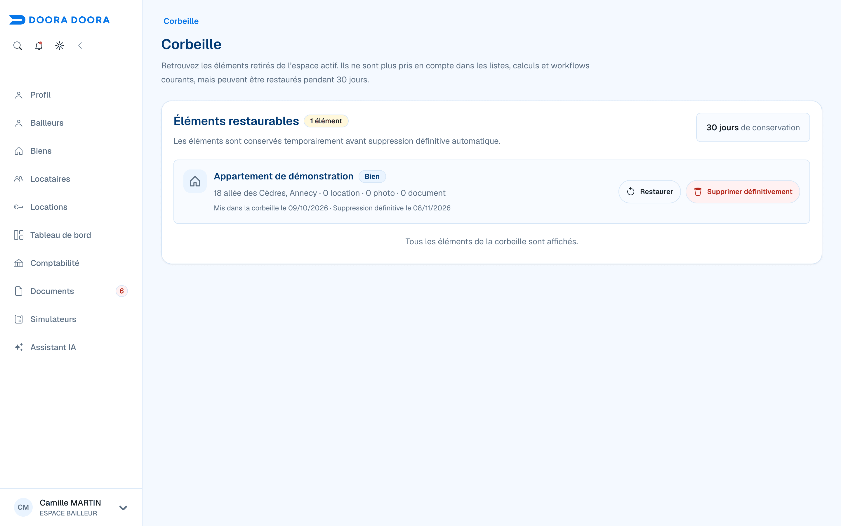 Corbeille du compte fictif avec un bien restaurable et une durée de conservation de 30 jours