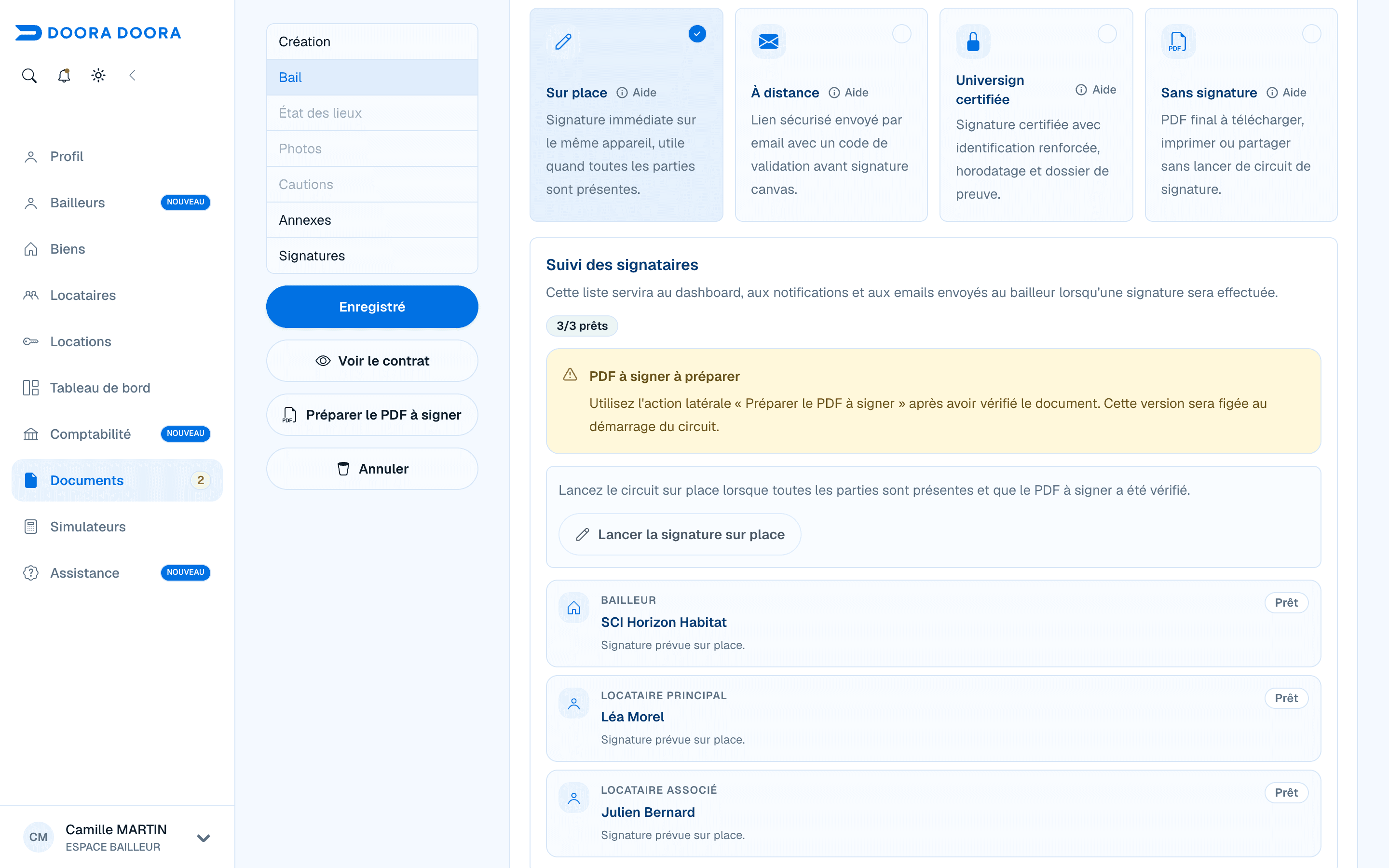 Préparation des modes de signature et suivi des trois signataires du contrat de location dans DOORA DOORA