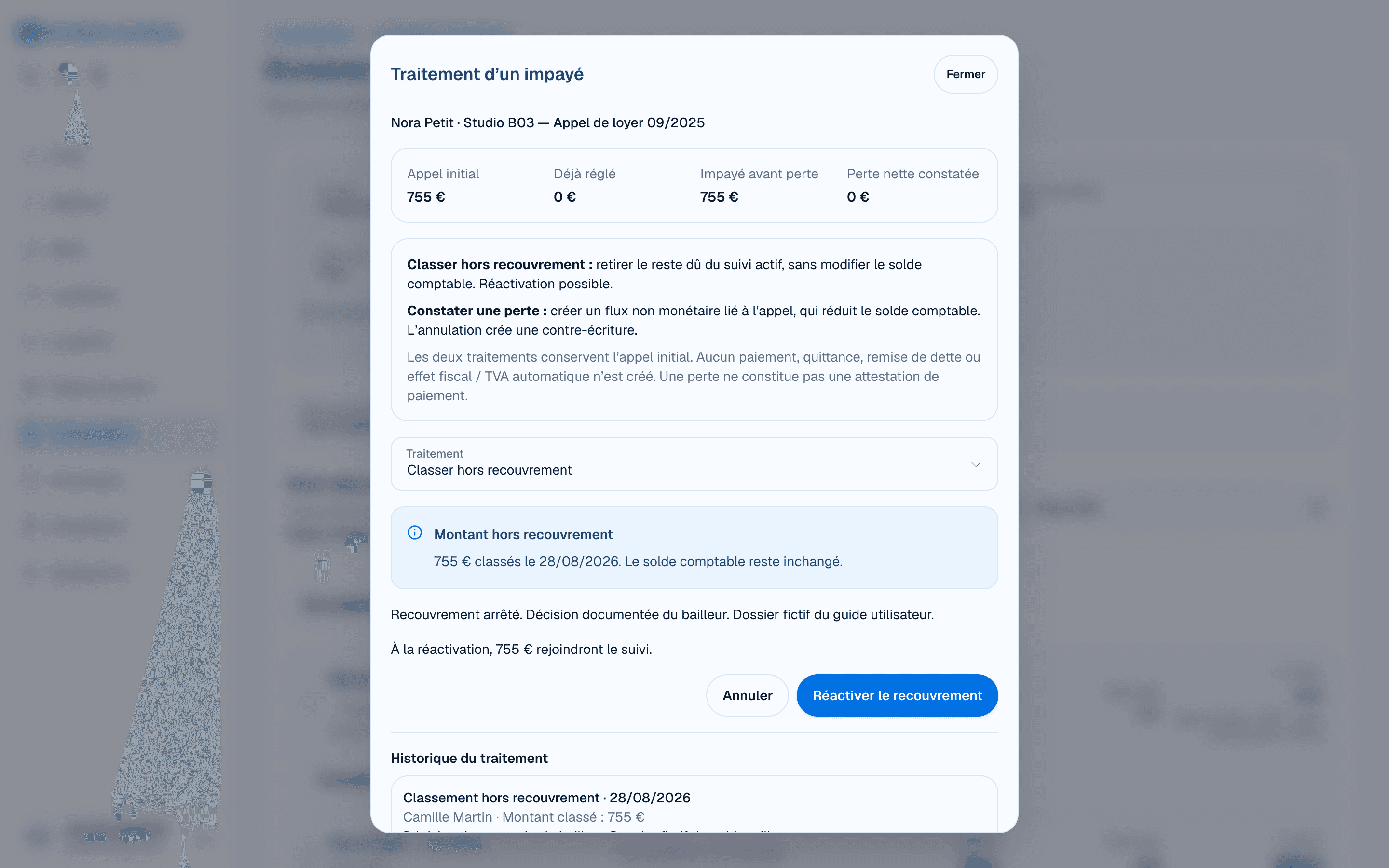Consultation d’un classement hors recouvrement et bouton Réactiver le recouvrement sur un dossier fictif