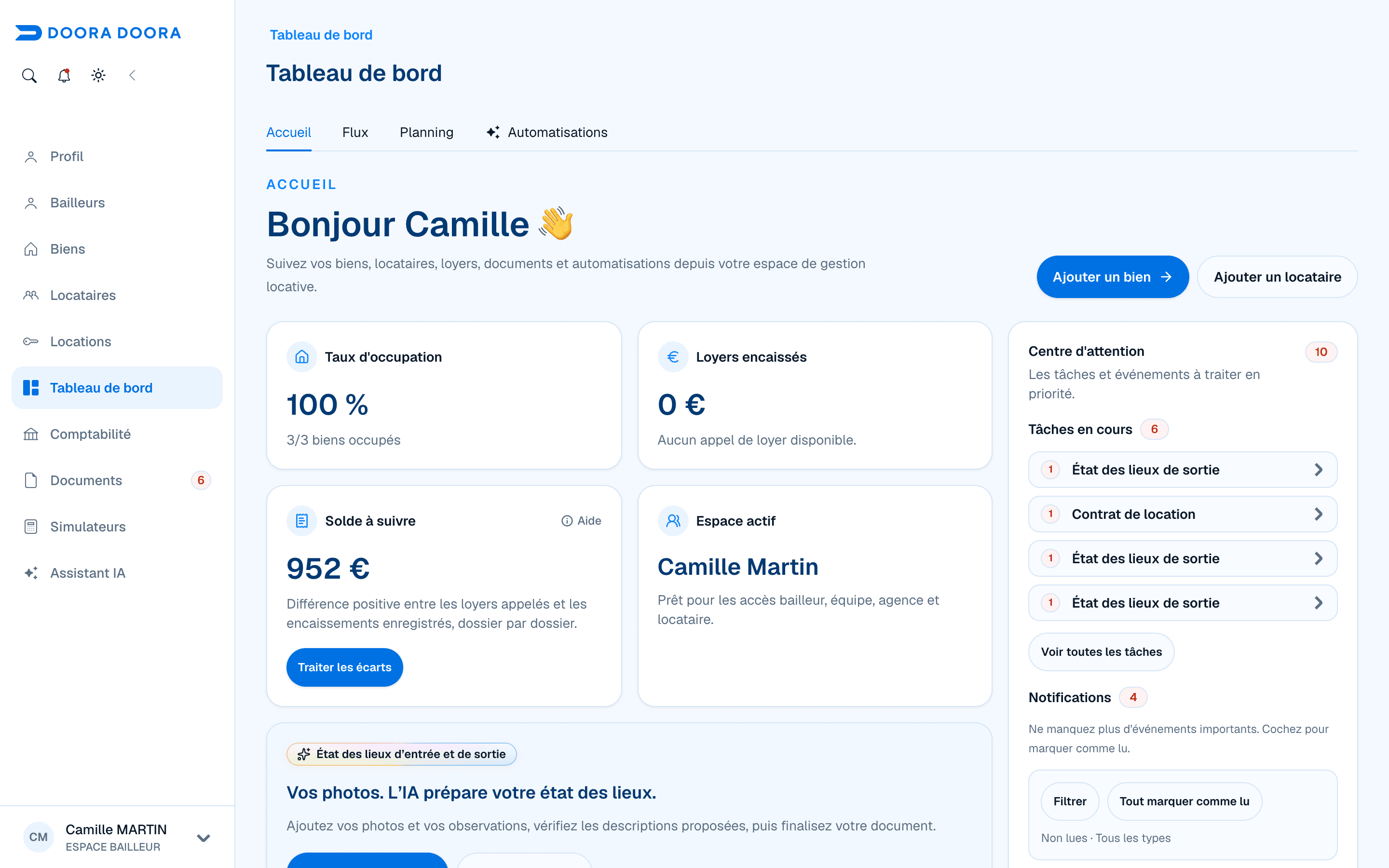 Tableau de bord DOORA DOORA avec le suivi des loyers et les actions prioritaires