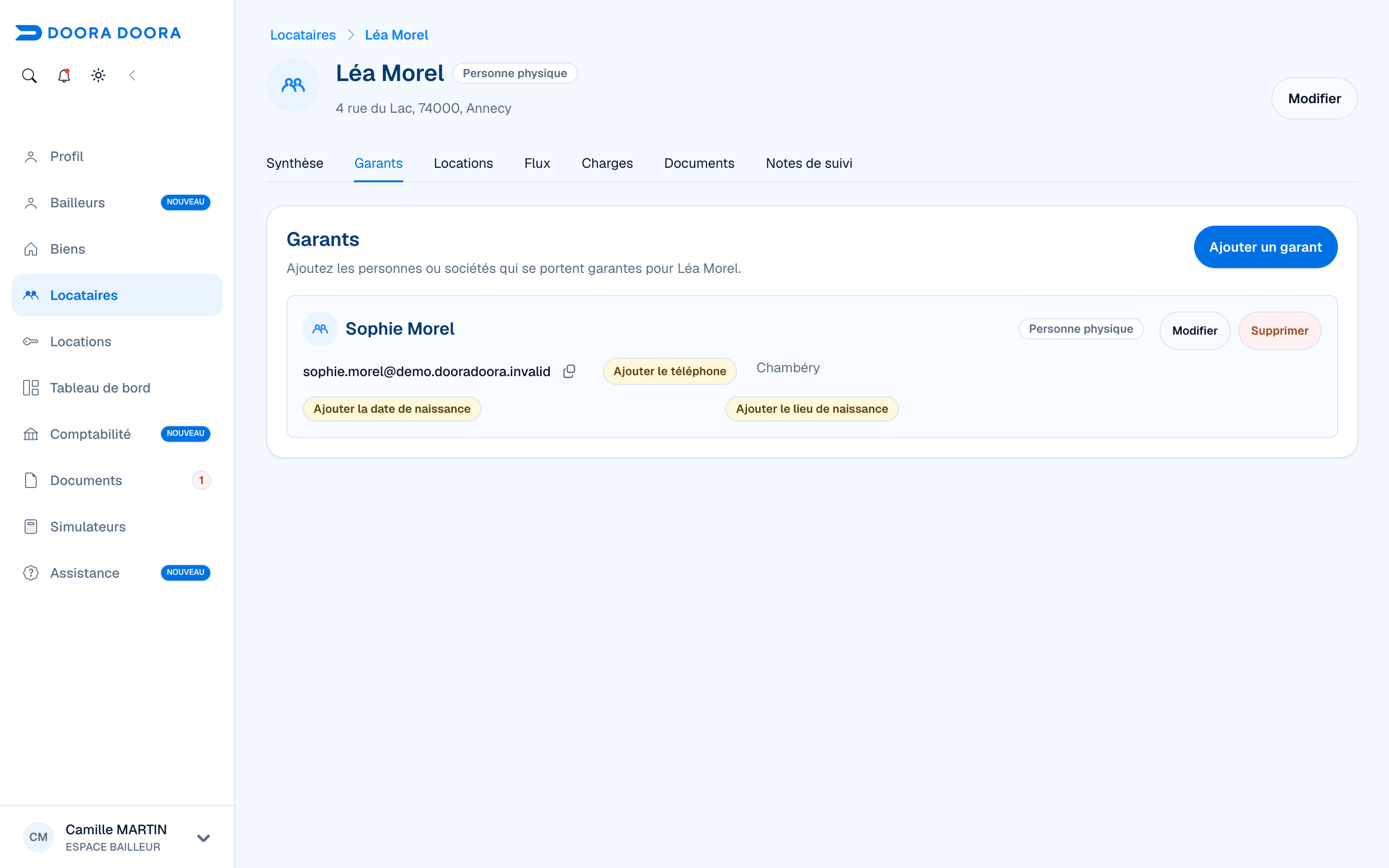 Garant Sophie Morel et actions associées dans la fiche locataire DOORA DOORA