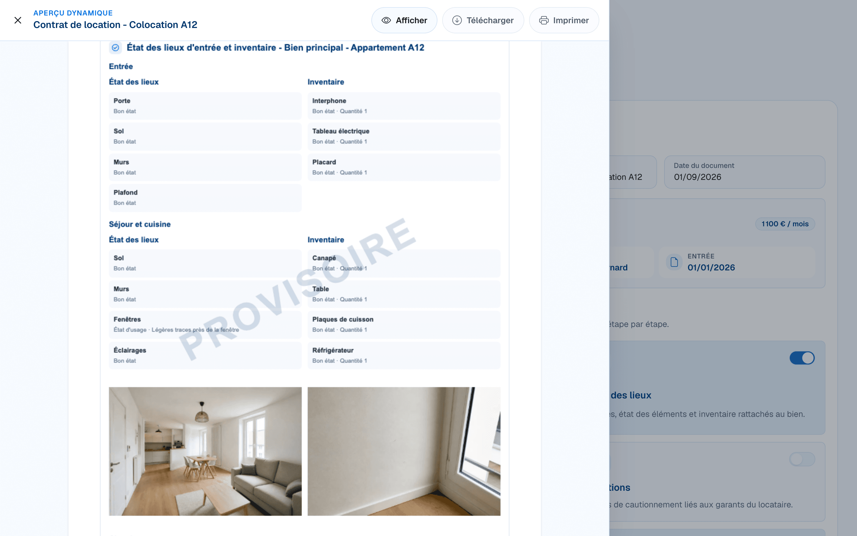Aperçu provisoire de l’état des lieux d’entrée avec inventaire et photos dans DOORA DOORA