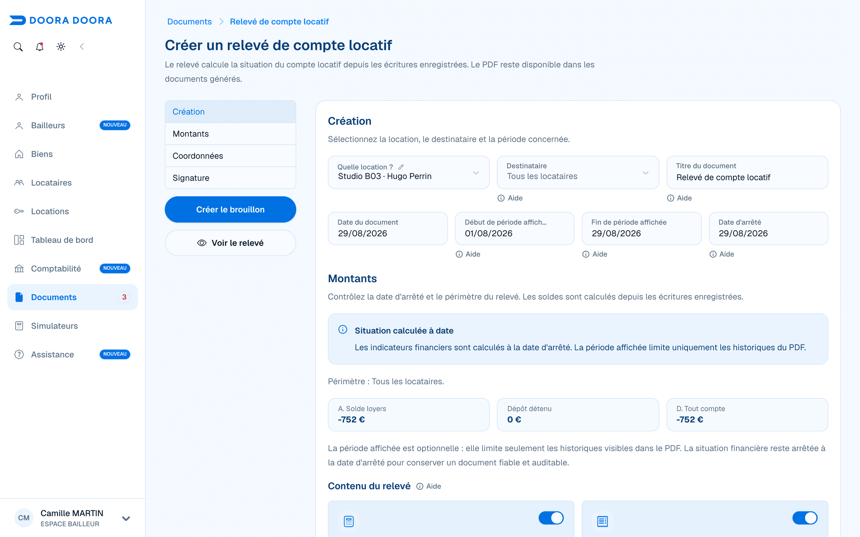 Formulaire prérempli pour créer un relevé de compte locatif dans DOORA DOORA