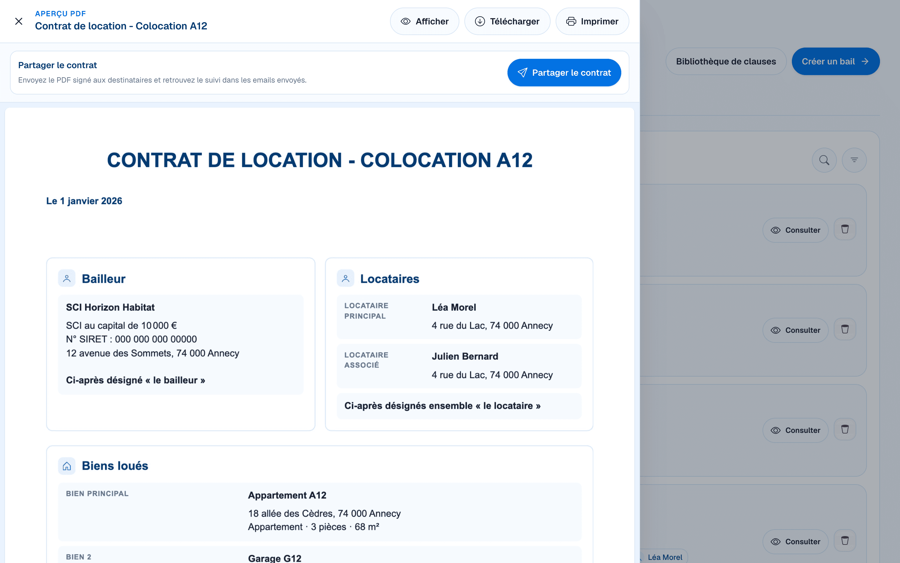 Aperçu d’un contrat de location signé avec les actions afficher, télécharger et imprimer dans DOORA DOORA