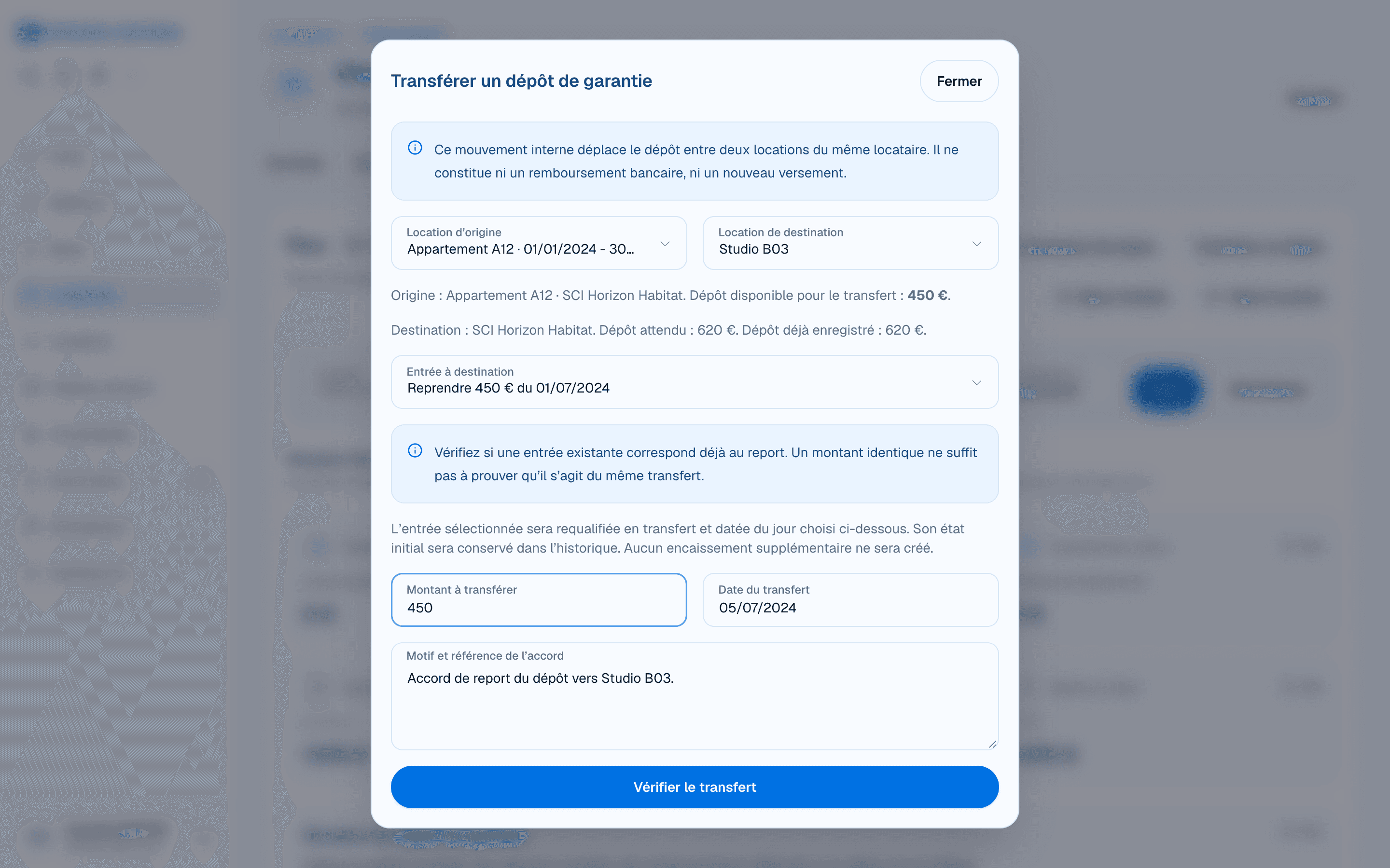 Transférer un dépôt de garantie : choix des deux locations et reprise d’un report fictif de 450 euros déjà saisi