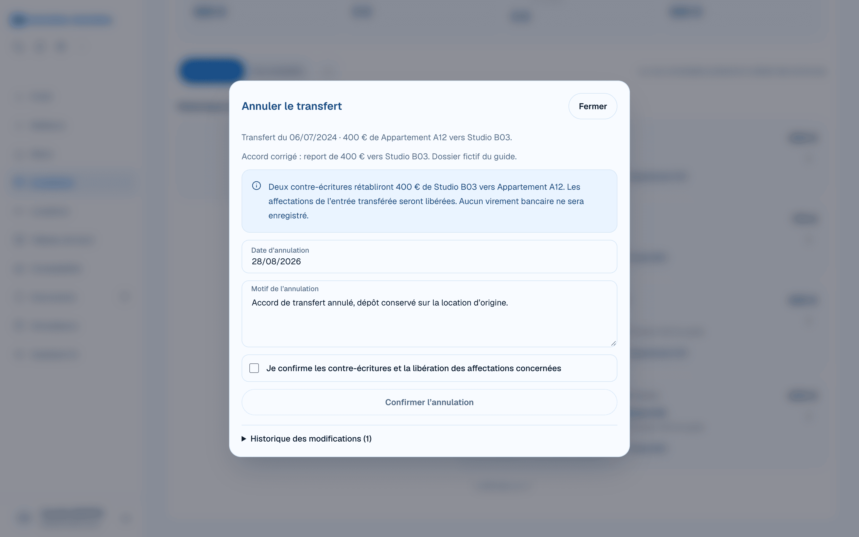 Annuler un transfert de dépôt par contre-écritures : date, motif et confirmation séparée