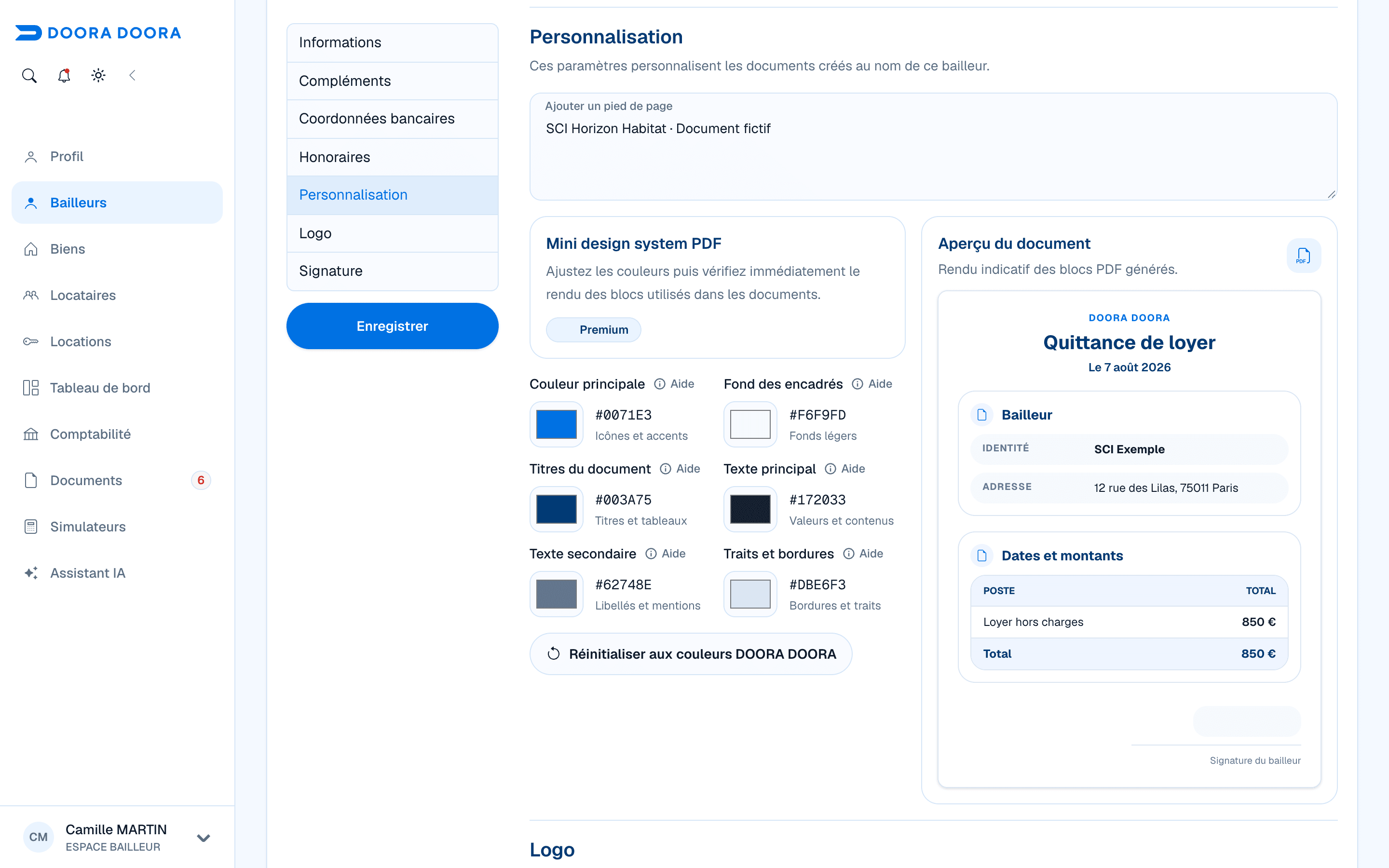 Personnalisation des documents de la SCI Horizon Habitat dans DOORA DOORA