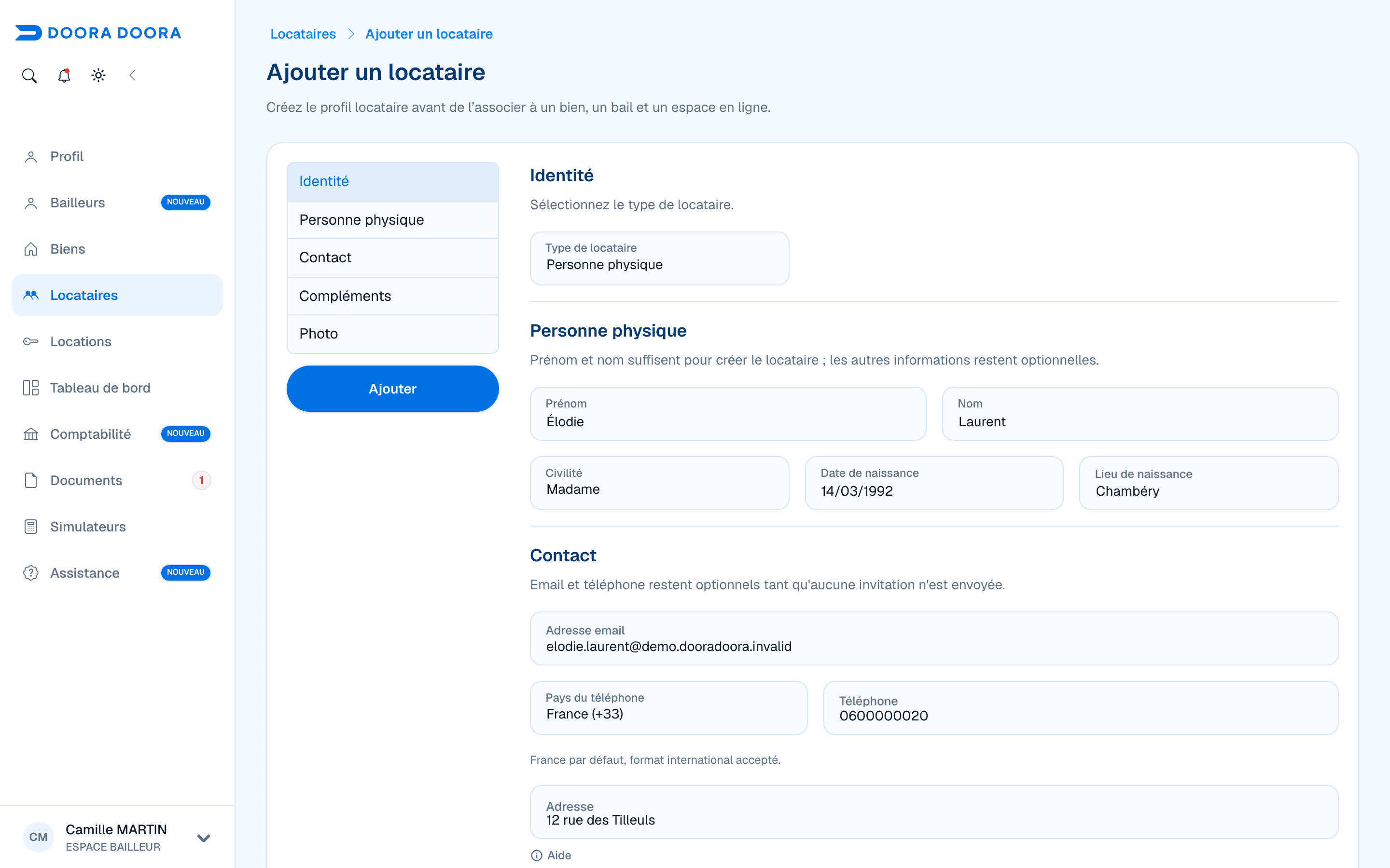 Formulaire prérempli pour ajouter un locataire dans DOORA DOORA