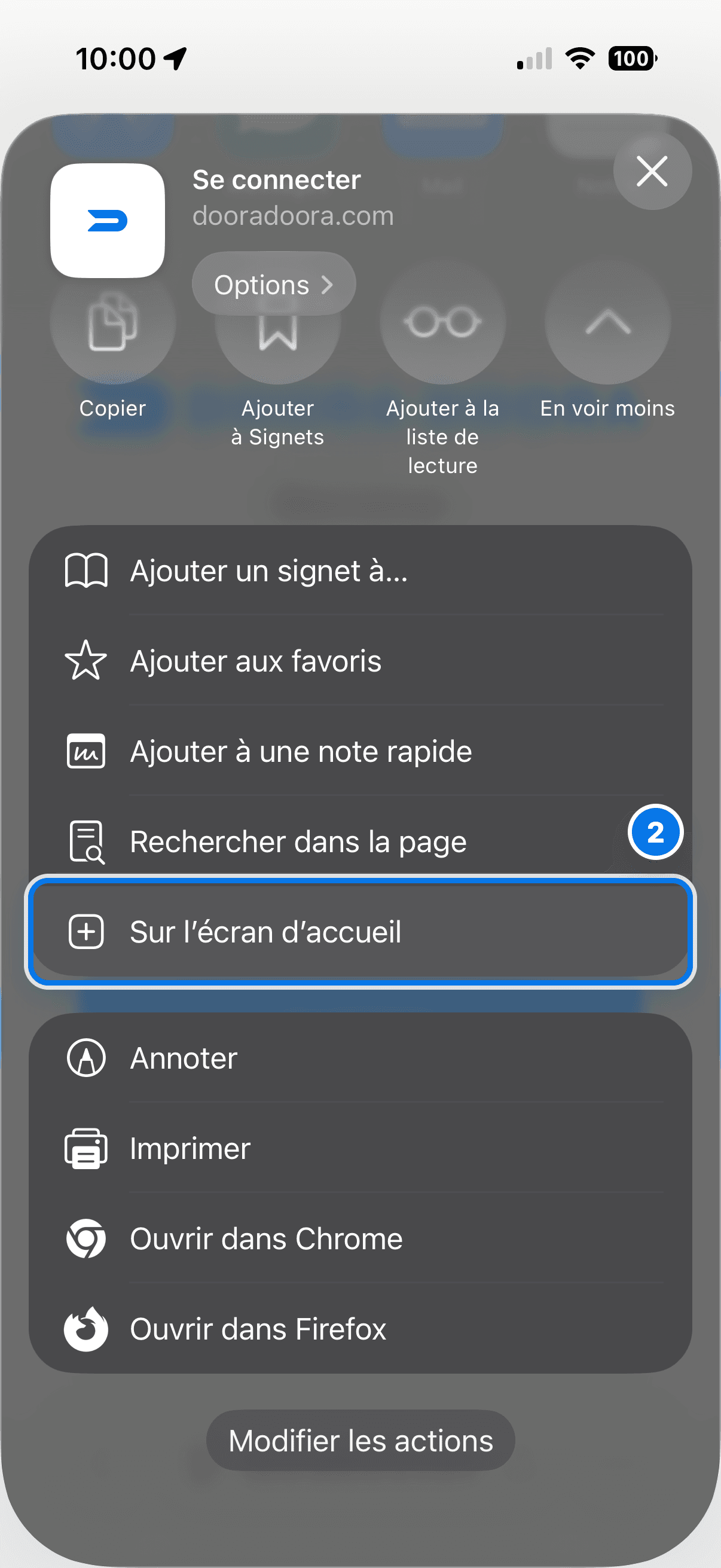 Étape 2 sur iPhone : choisir Sur l’écran d’accueil dans le menu de partage Safari