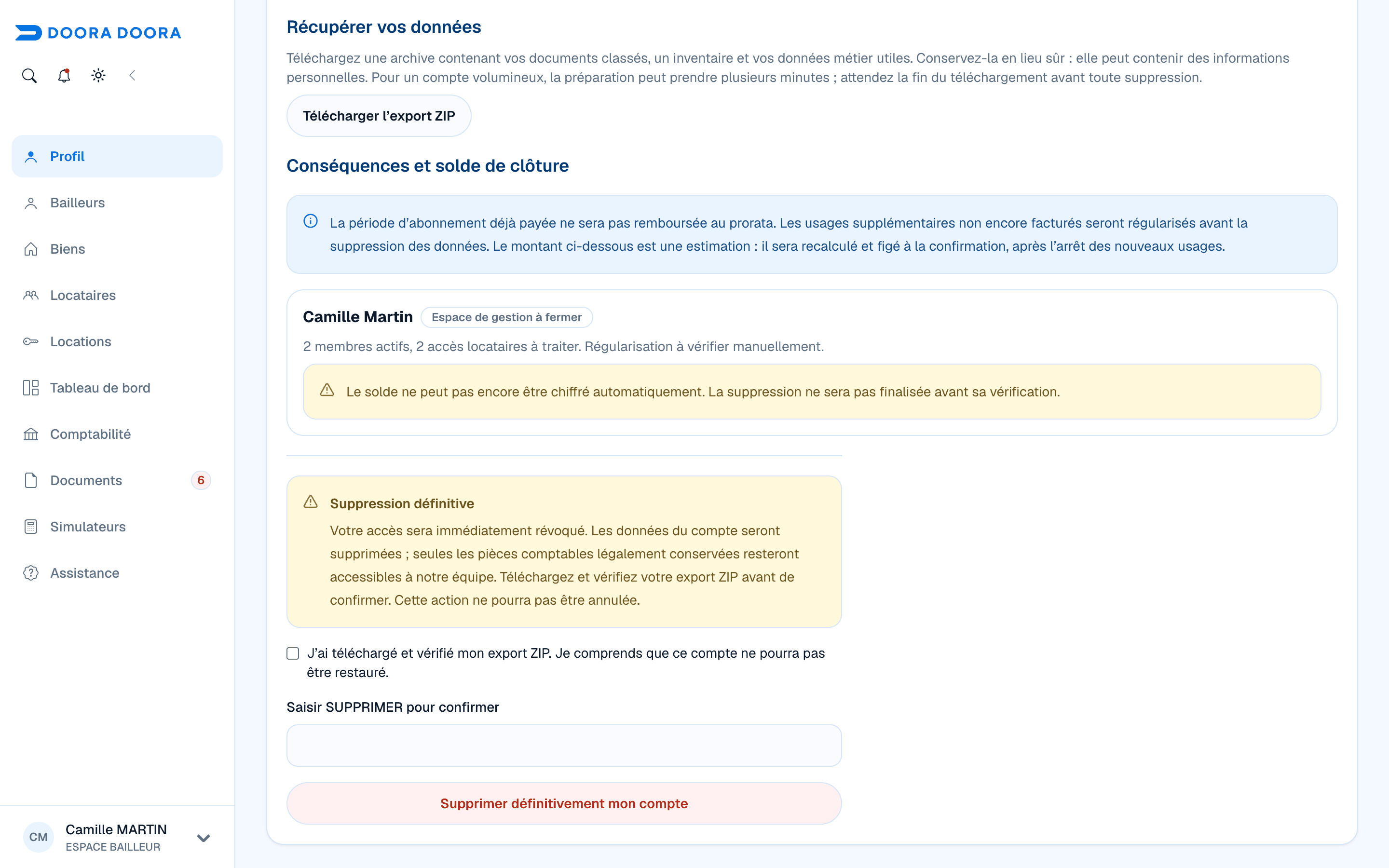 Confirmation définitive de suppression : accusé de récupération de l’export et saisie du mot SUPPRIMER