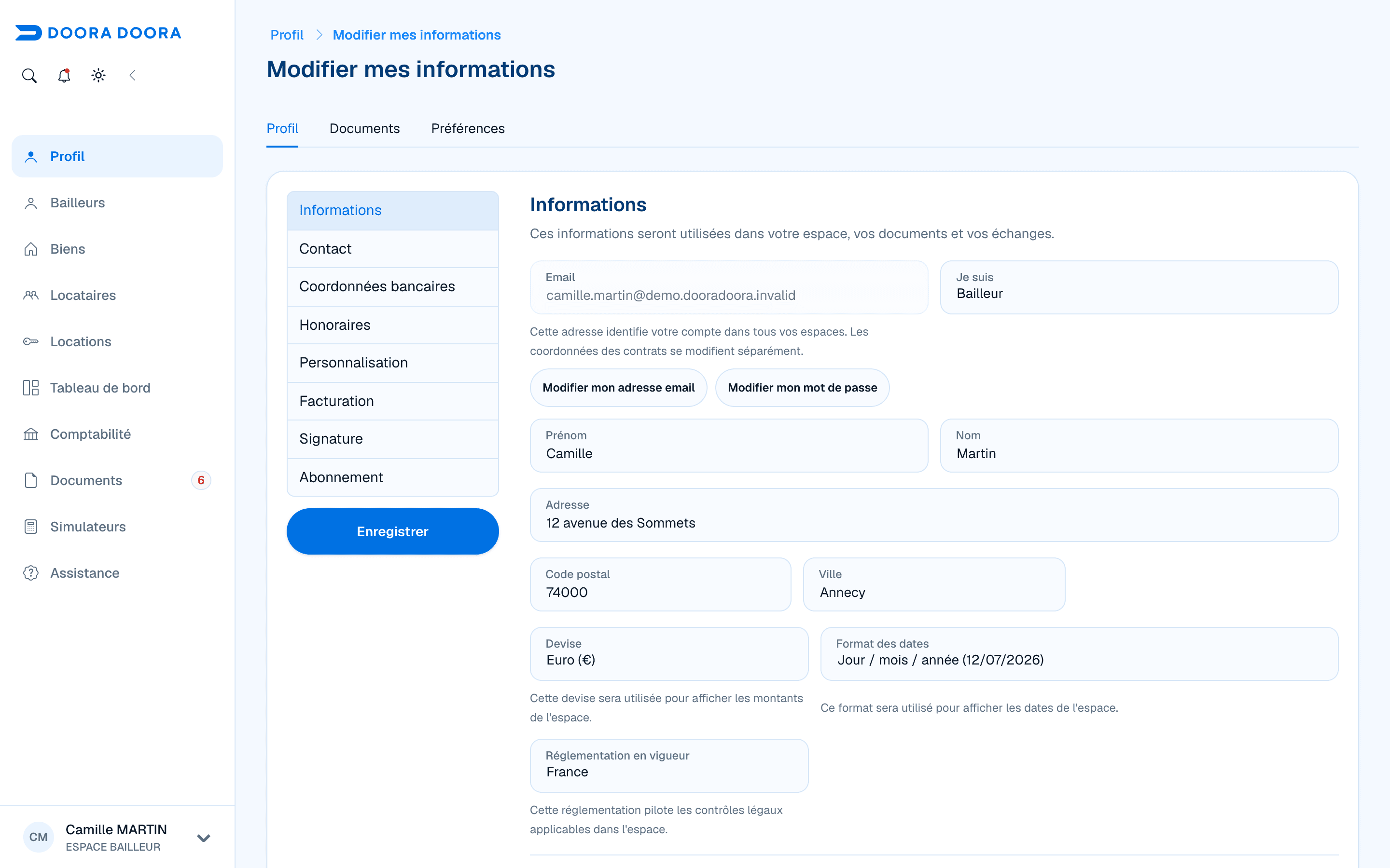 Profil fictif avec les actions de changement d’email, de mot de passe et de suppression du compte