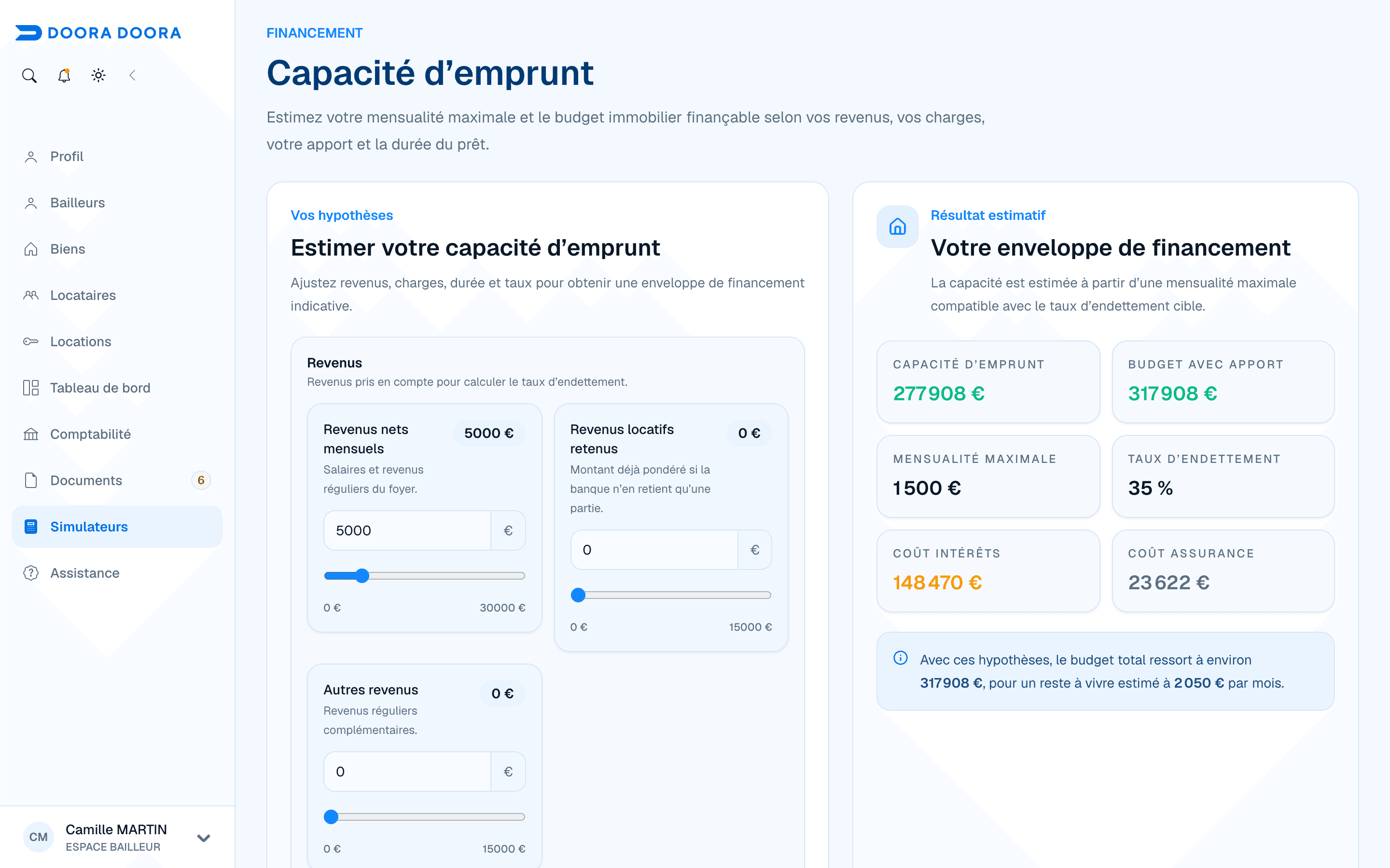 Simulateur de capacité d’emprunt avec hypothèses de revenus et résultats de financement indicatifs