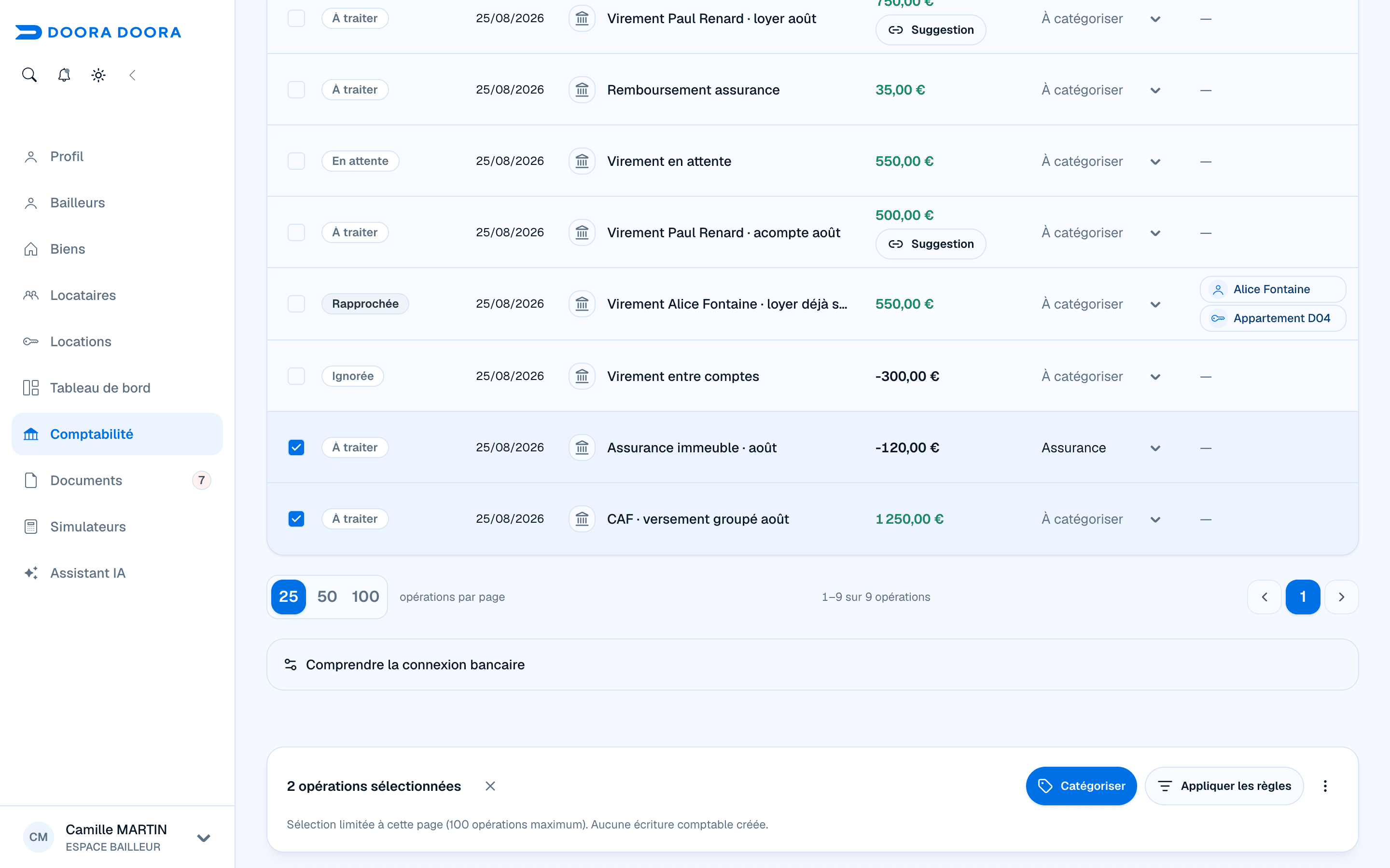 Sélection de deux opérations fictives et barre des actions groupées