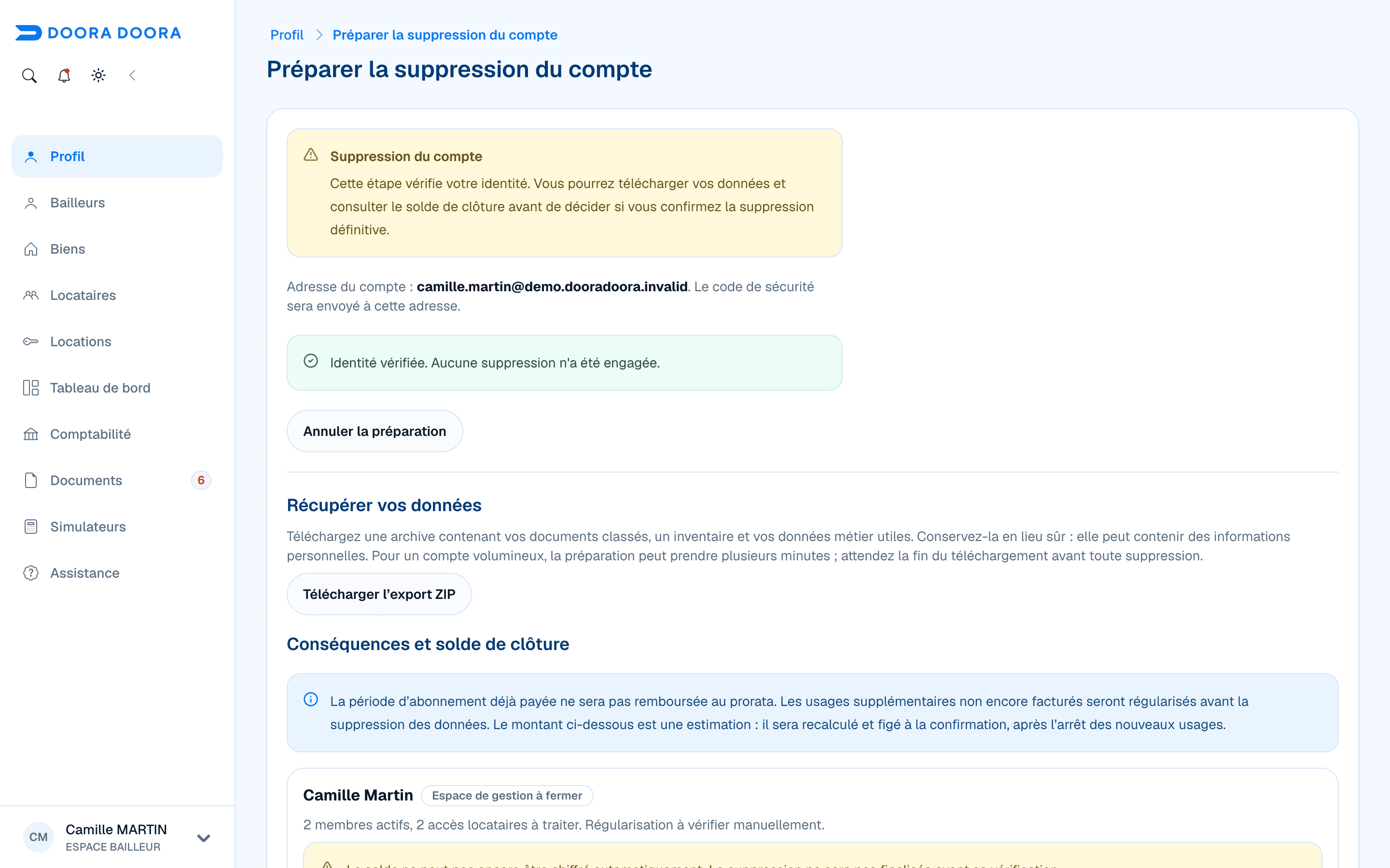 Identité vérifiée et téléchargement de l’export ZIP avant la suppression du compte fictif