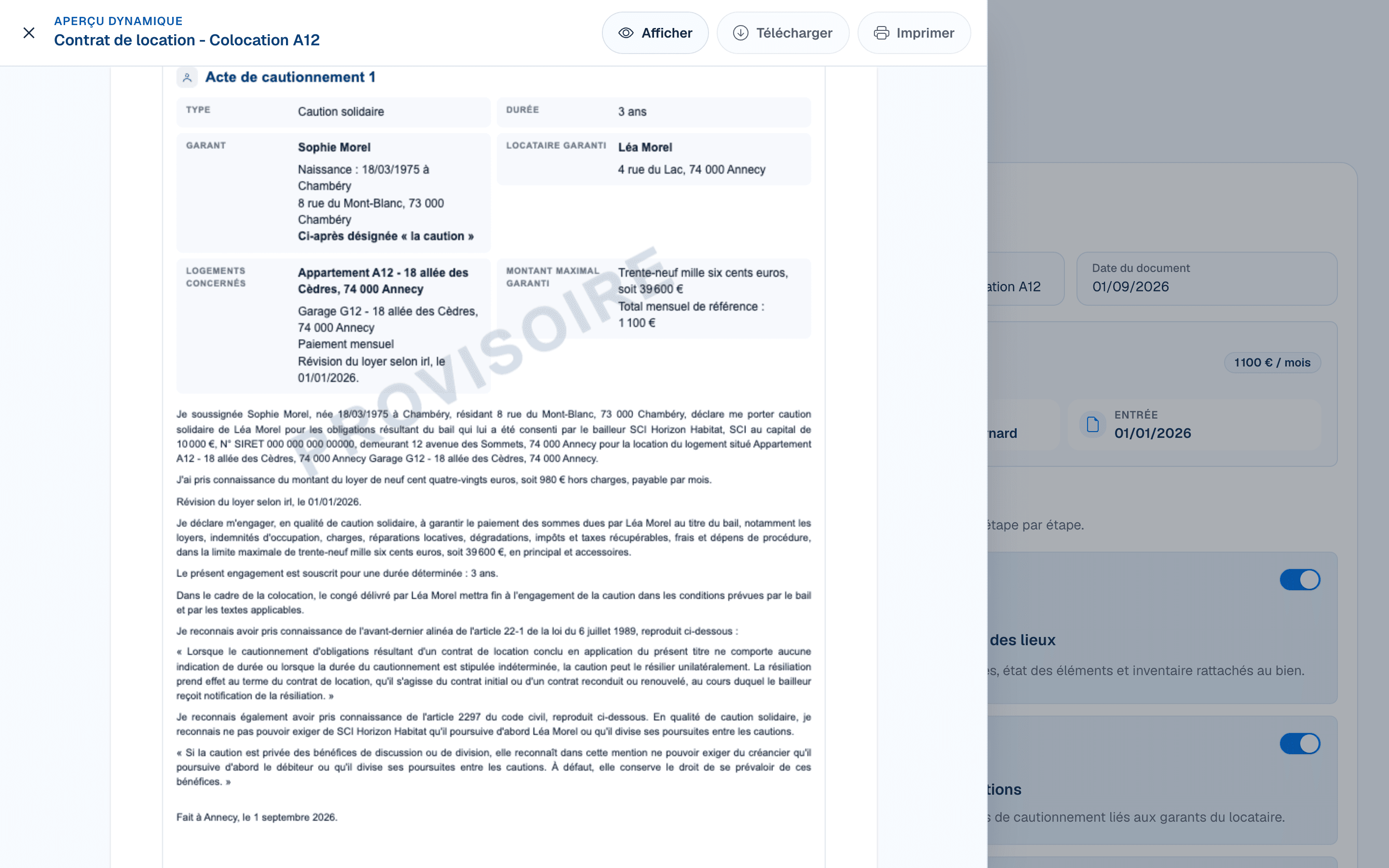 Aperçu provisoire d’un acte de cautionnement dans DOORA DOORA