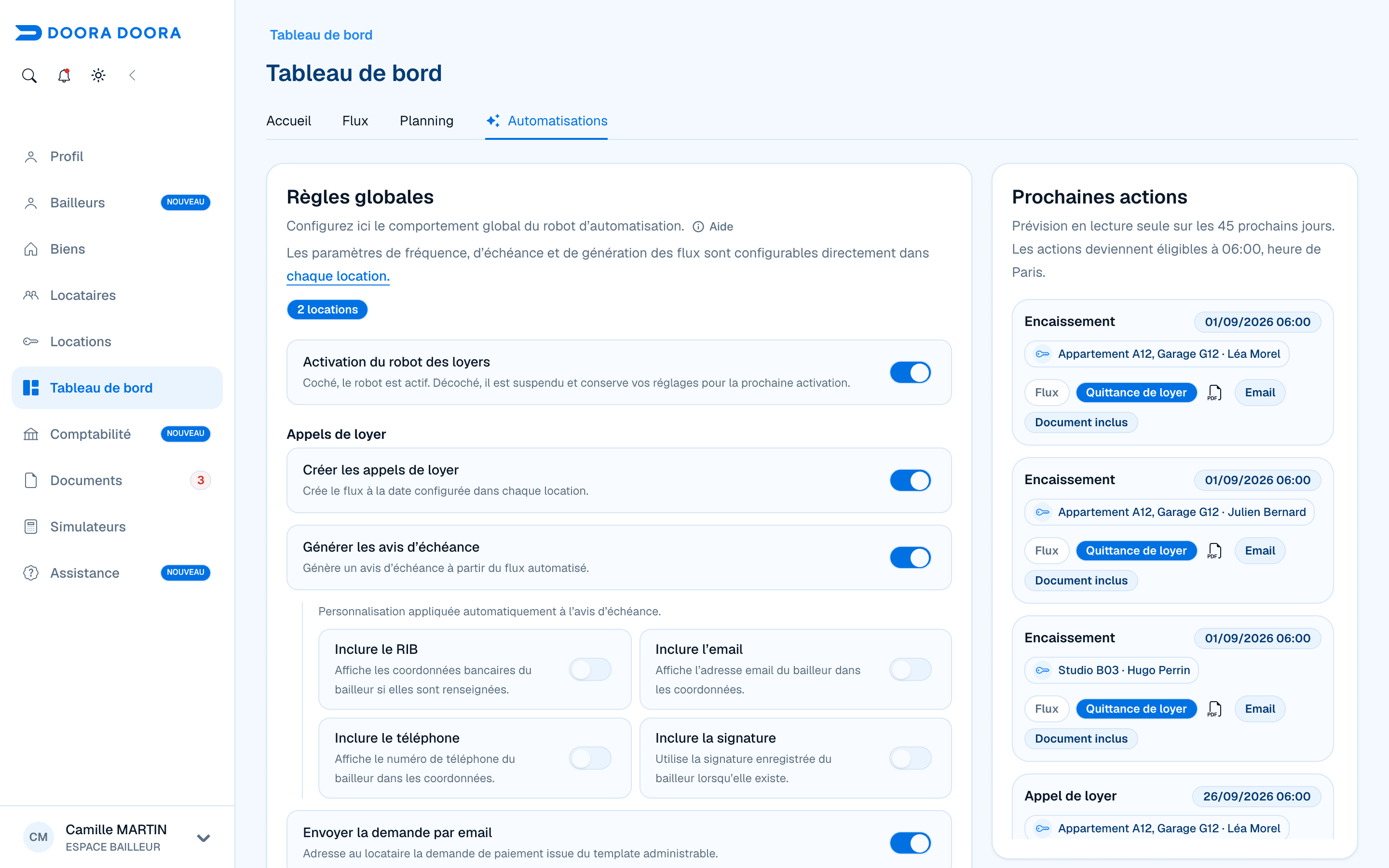 Règles du robot des loyers et prochaines actions automatisées dans DOORA DOORA