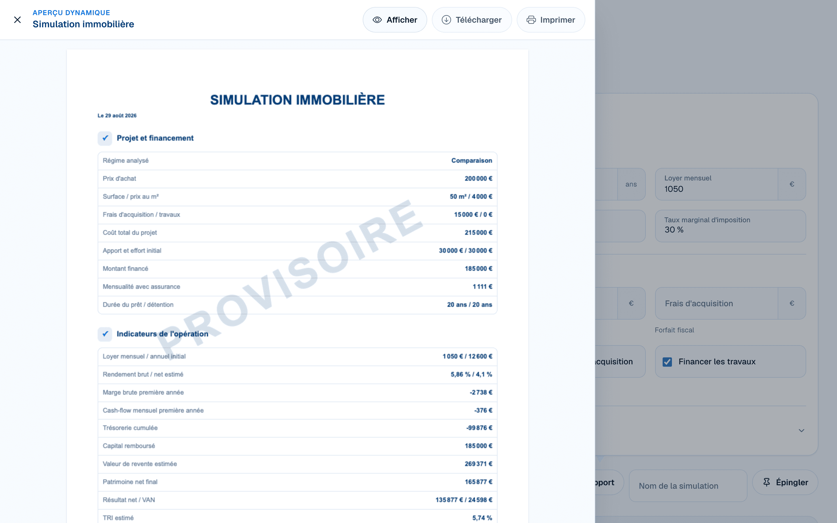 Aperçu provisoire du rapport de simulation immobilière dans DOORA DOORA