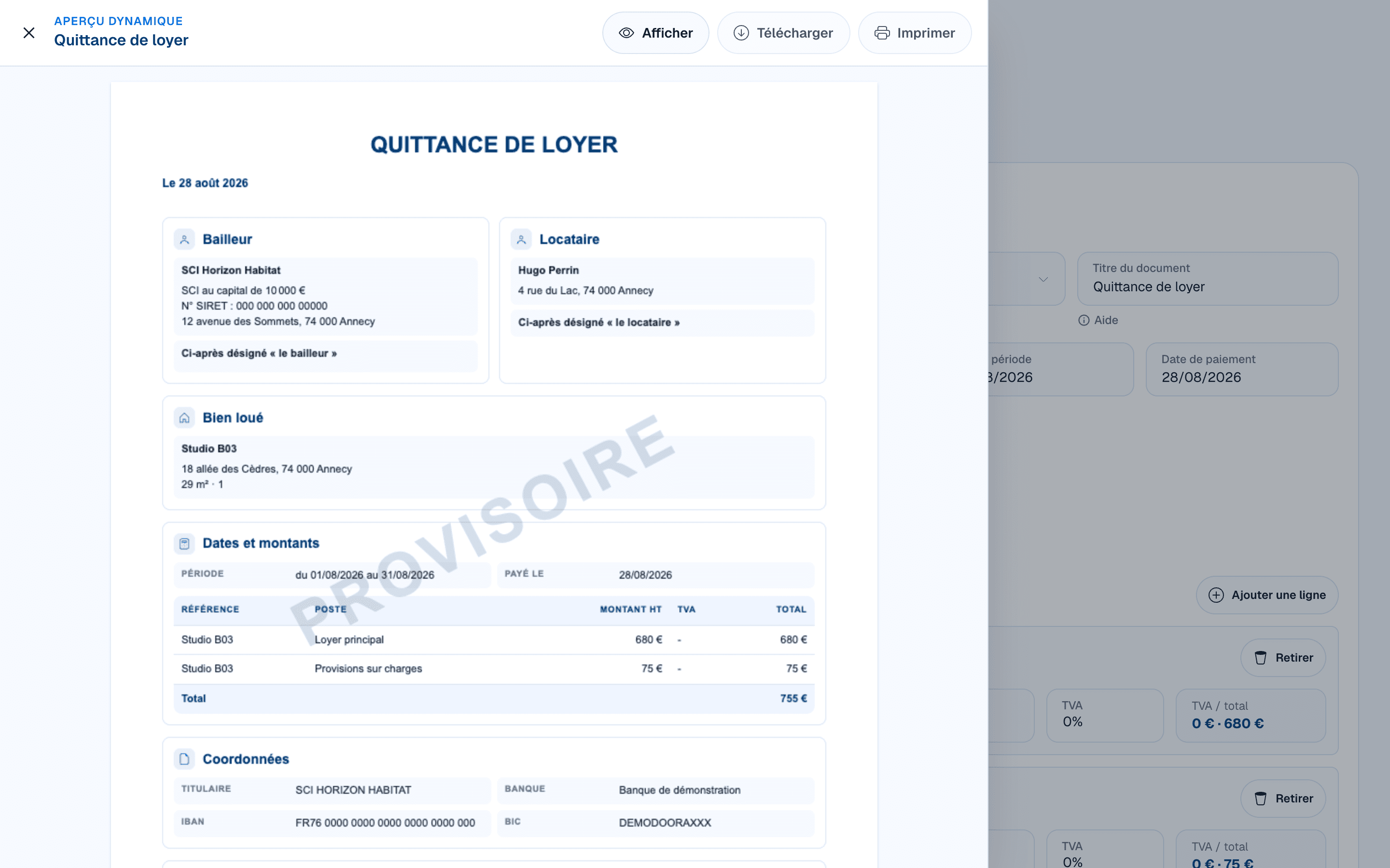Aperçu dynamique provisoire d’une quittance de loyer dans DOORA DOORA