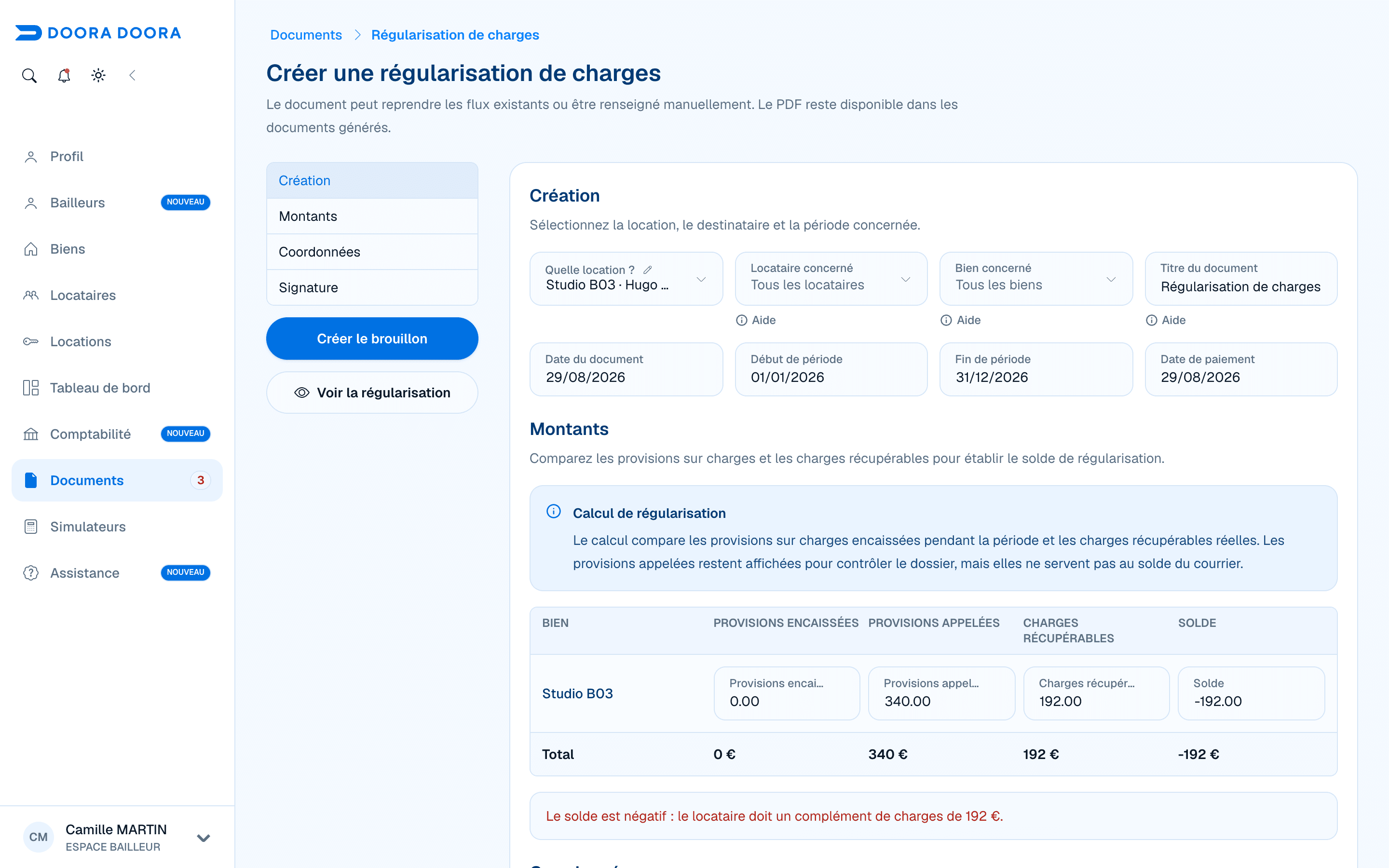 Calcul détaillé d’une régularisation de charges dans DOORA DOORA