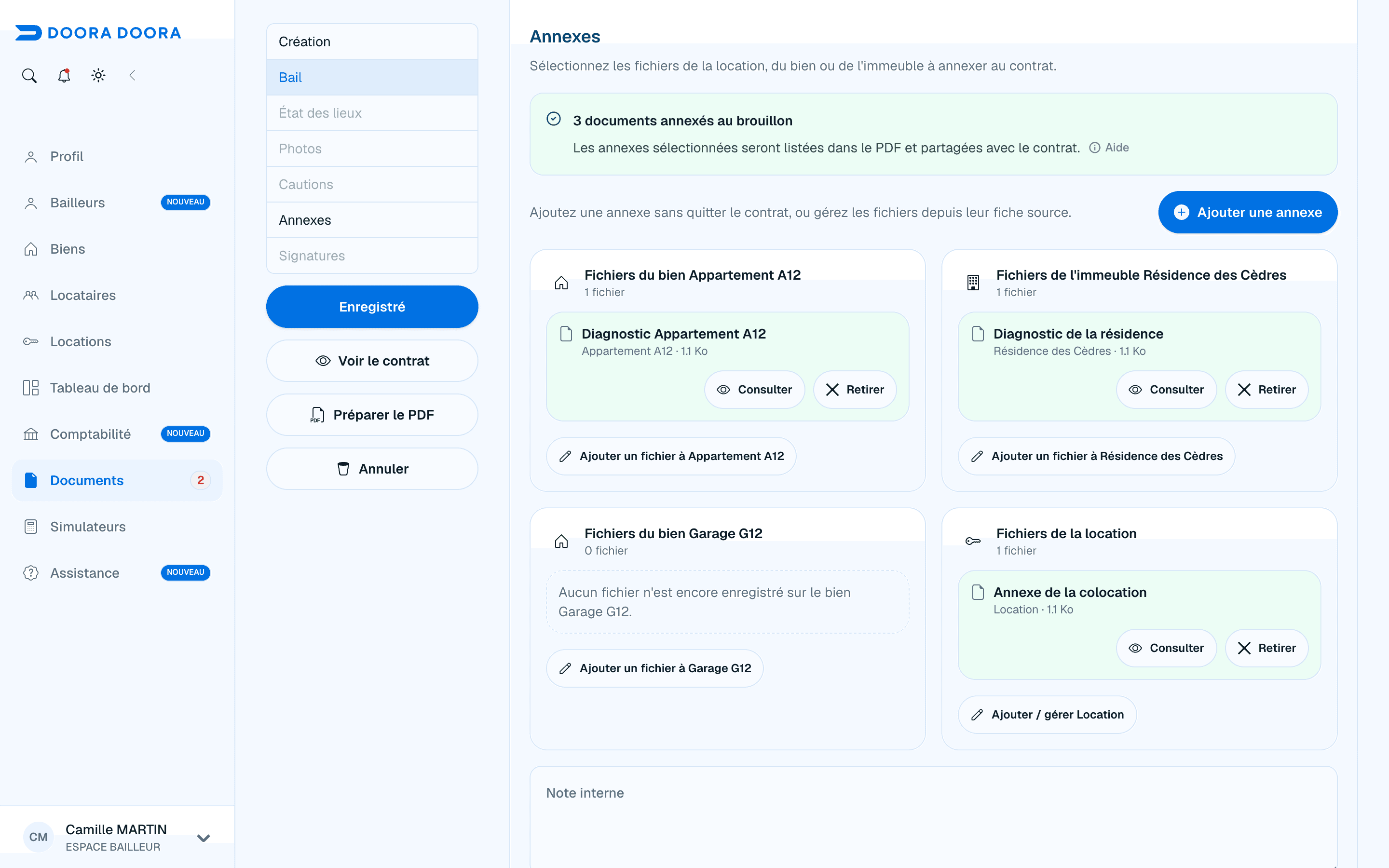 Sélection des annexes du contrat de location depuis la location, le bien et l’immeuble dans DOORA DOORA