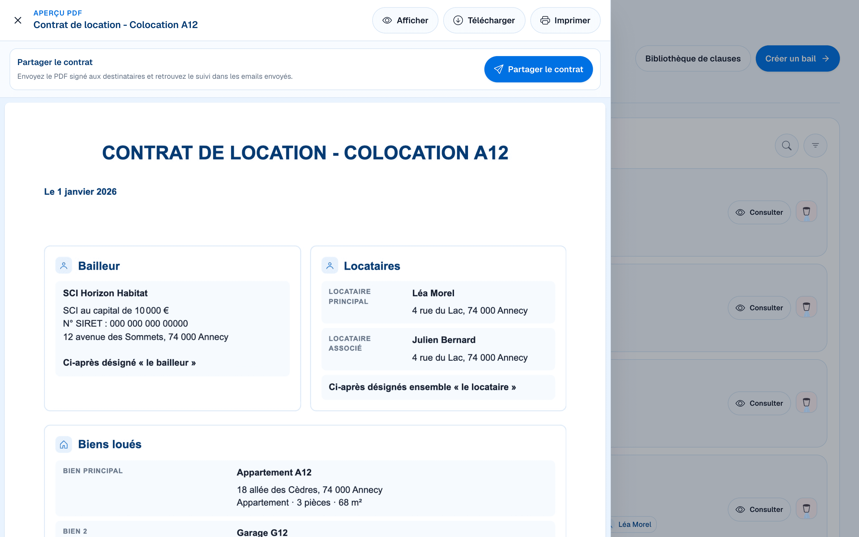 Aperçu d’un contrat de location signé avec les actions afficher, télécharger et imprimer dans DOORA DOORA