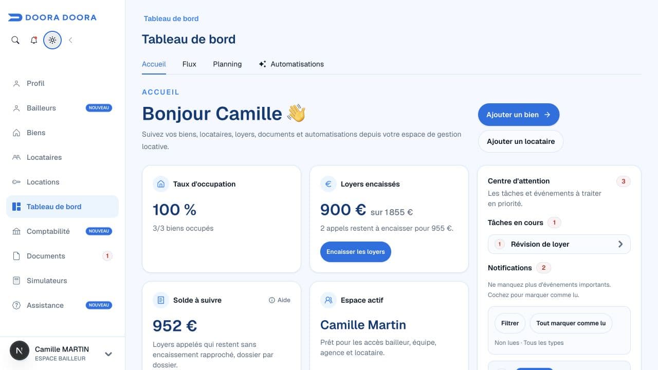 Tableau de bord DOORA DOORA avec le suivi des loyers et les actions prioritaires