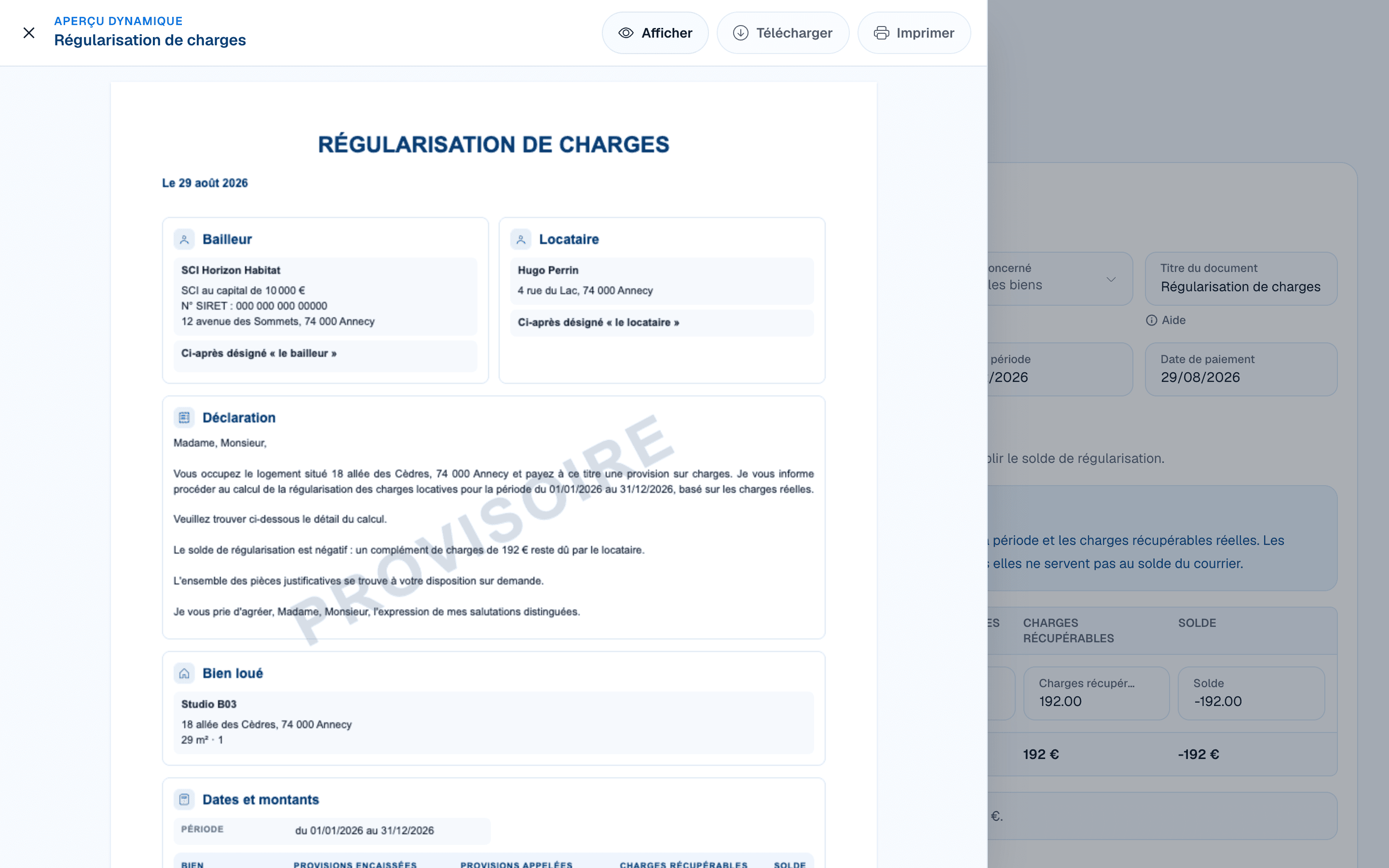 Aperçu provisoire d’une régularisation de charges dans DOORA DOORA