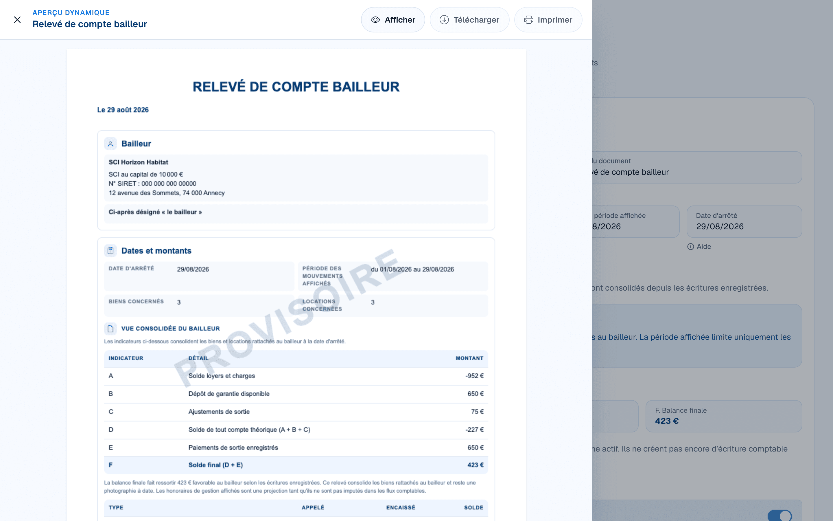 Aperçu provisoire d’un relevé de compte bailleur dans DOORA DOORA