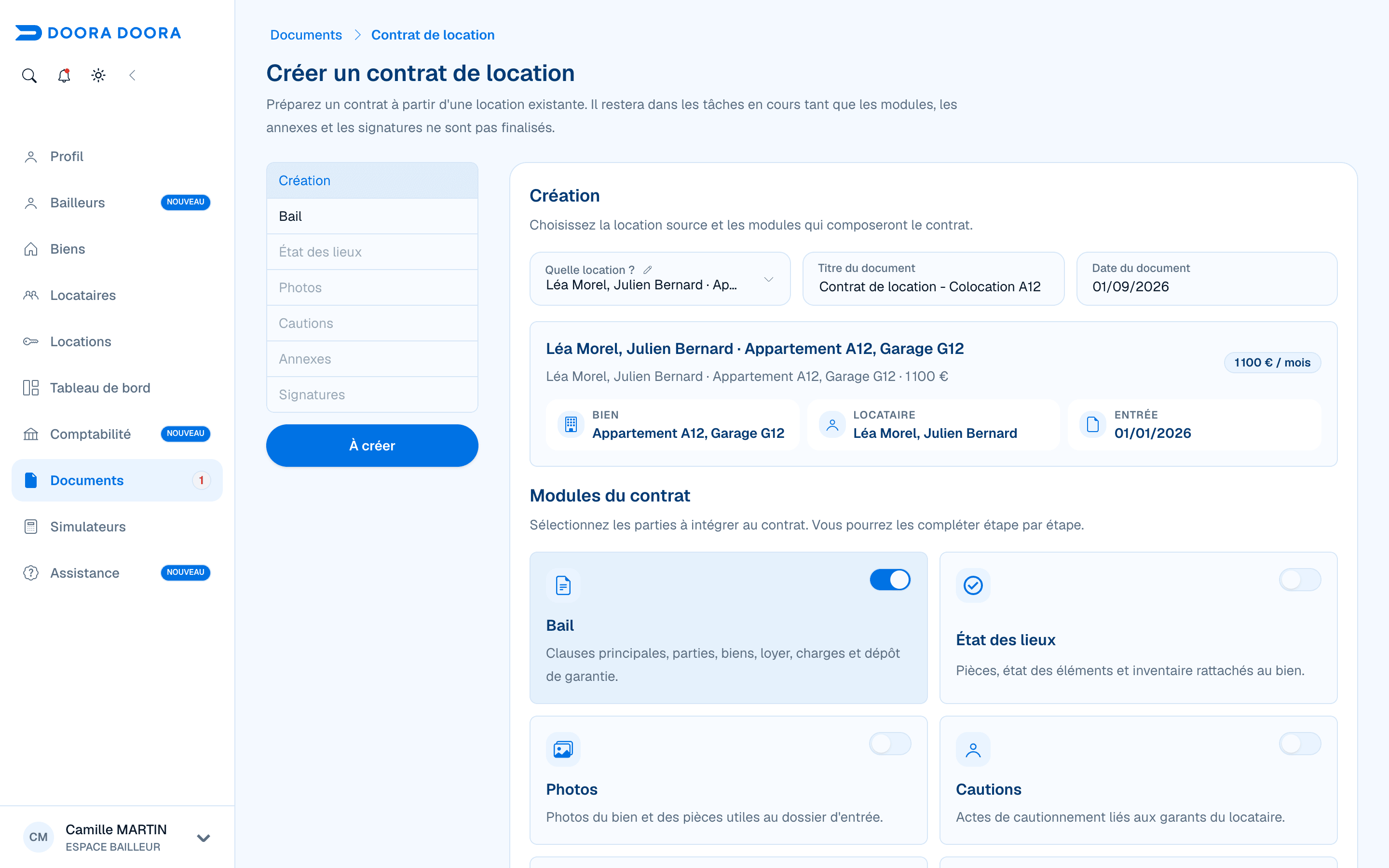 Sélection d’une colocation multi-biens et des modules du contrat de location dans DOORA DOORA