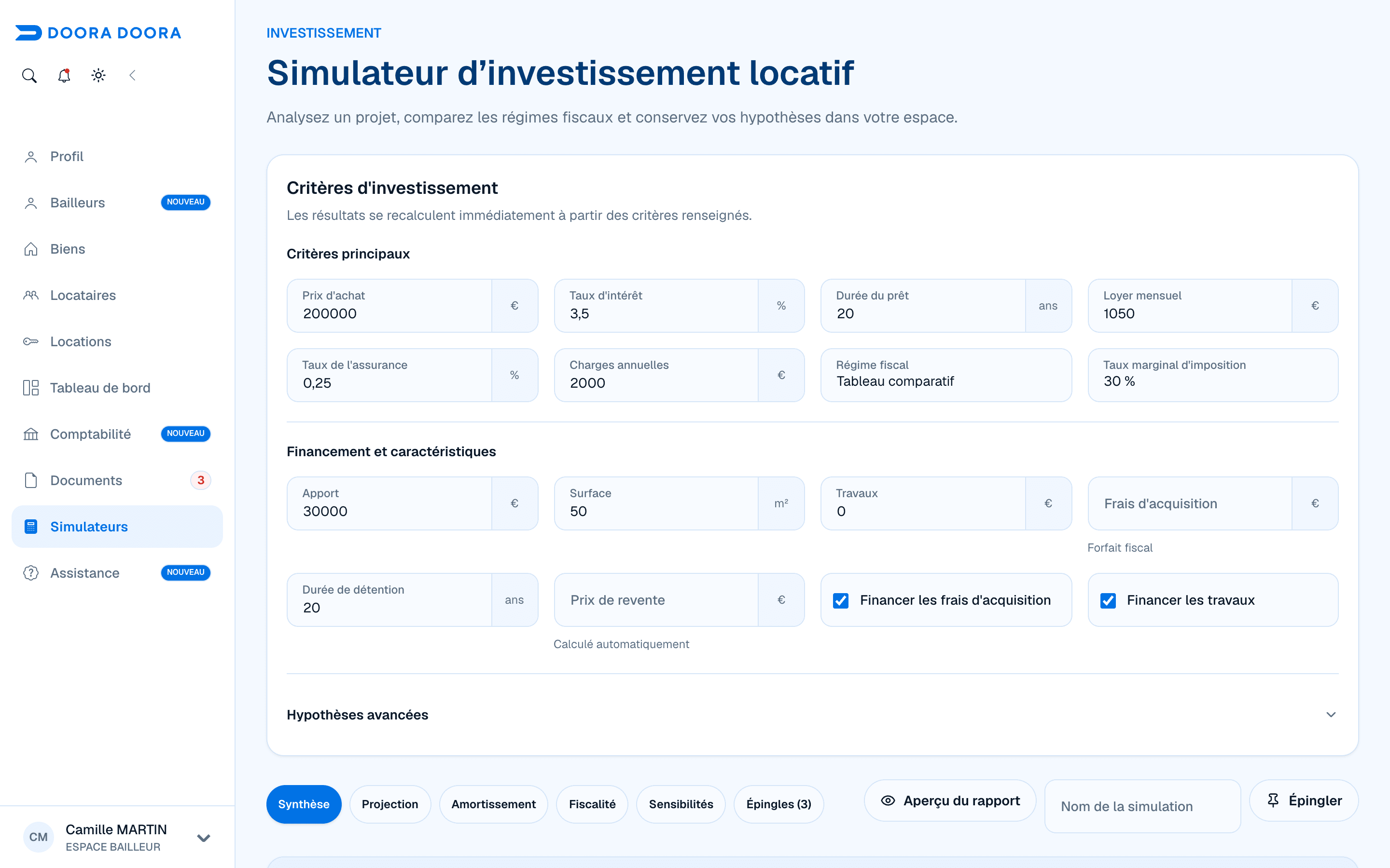 Critères d’une simulation d’investissement locatif dans DOORA DOORA