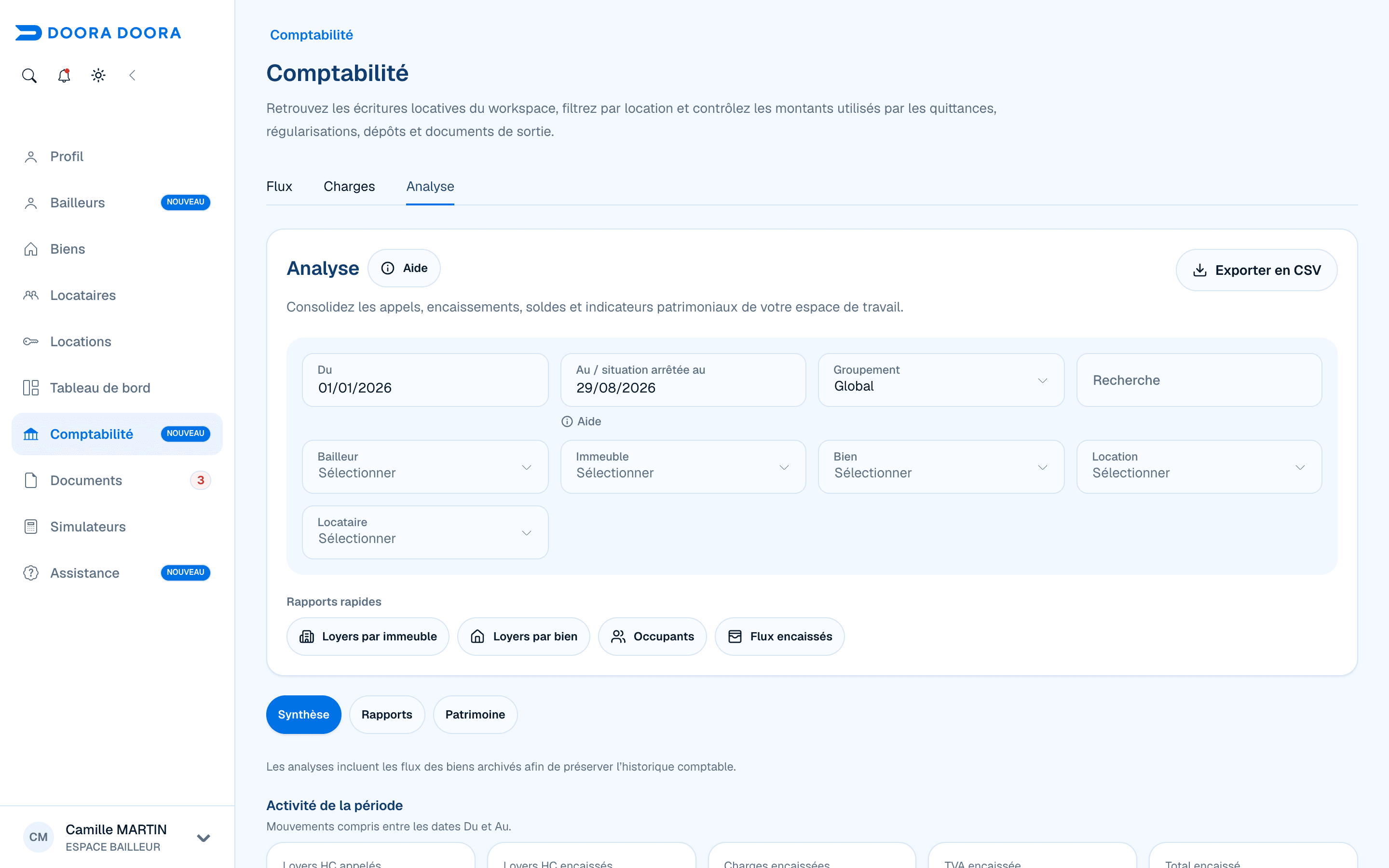 Filtres et rapports de l’analyse comptable dans DOORA DOORA