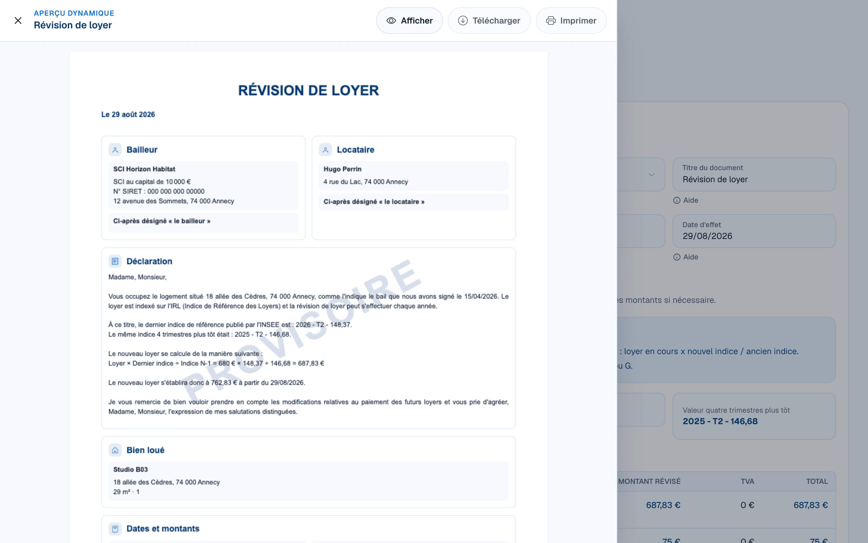 Aperçu provisoire du courrier de révision de loyer dans DOORA DOORA